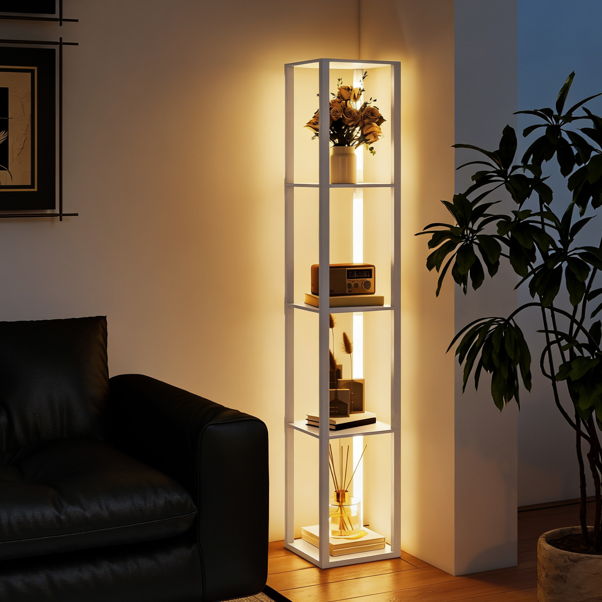 LED-Stehlampe mit Regalen, moderne dimmbare Standleuchte mit 3 Helligkeitsstufen und Fußschalter, Weiß