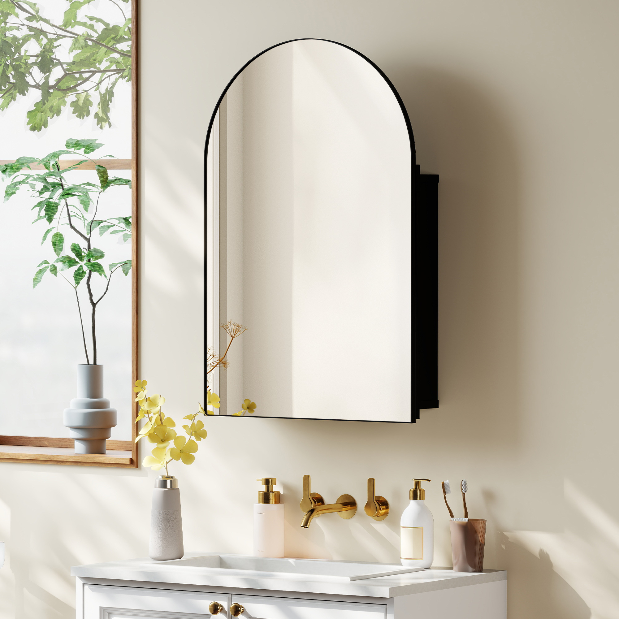 Spiegelschrank Bad Gewölbter Badezimmerschrank mit 180° Tür, 3 Regalen, aus Metall Schwarz 50 x 12 x 76 cm