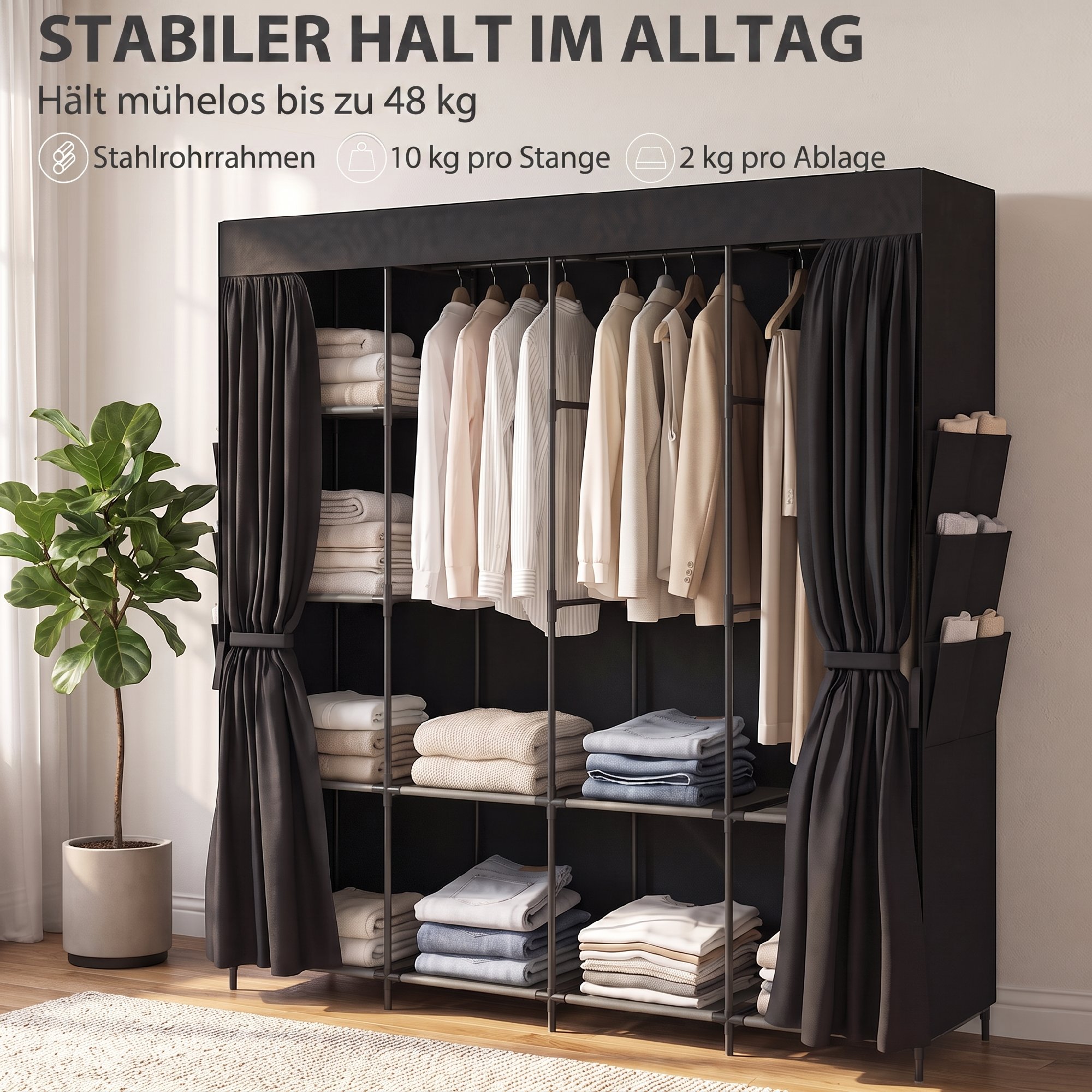 Stoff-Kleiderschrank, staubdicht, tragbar, 5 Kleiderstangen, 170 x 45 x 167 cm, Schwarz