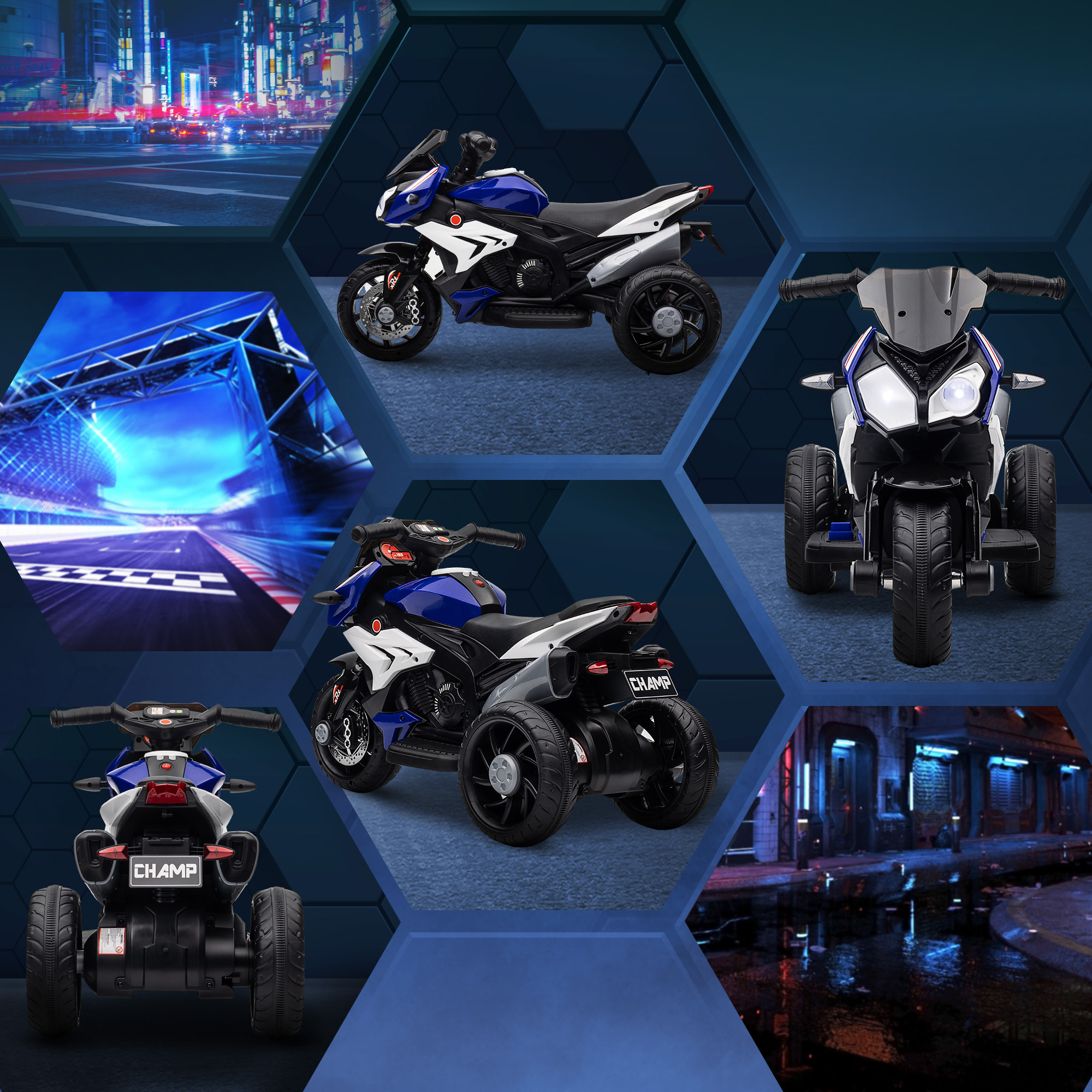 Elektro-Kindermotorrad, Lichter & Geräusche, 3 km/h, wiederaufladbar, Kunststoff & Metall, Blau/Weiß