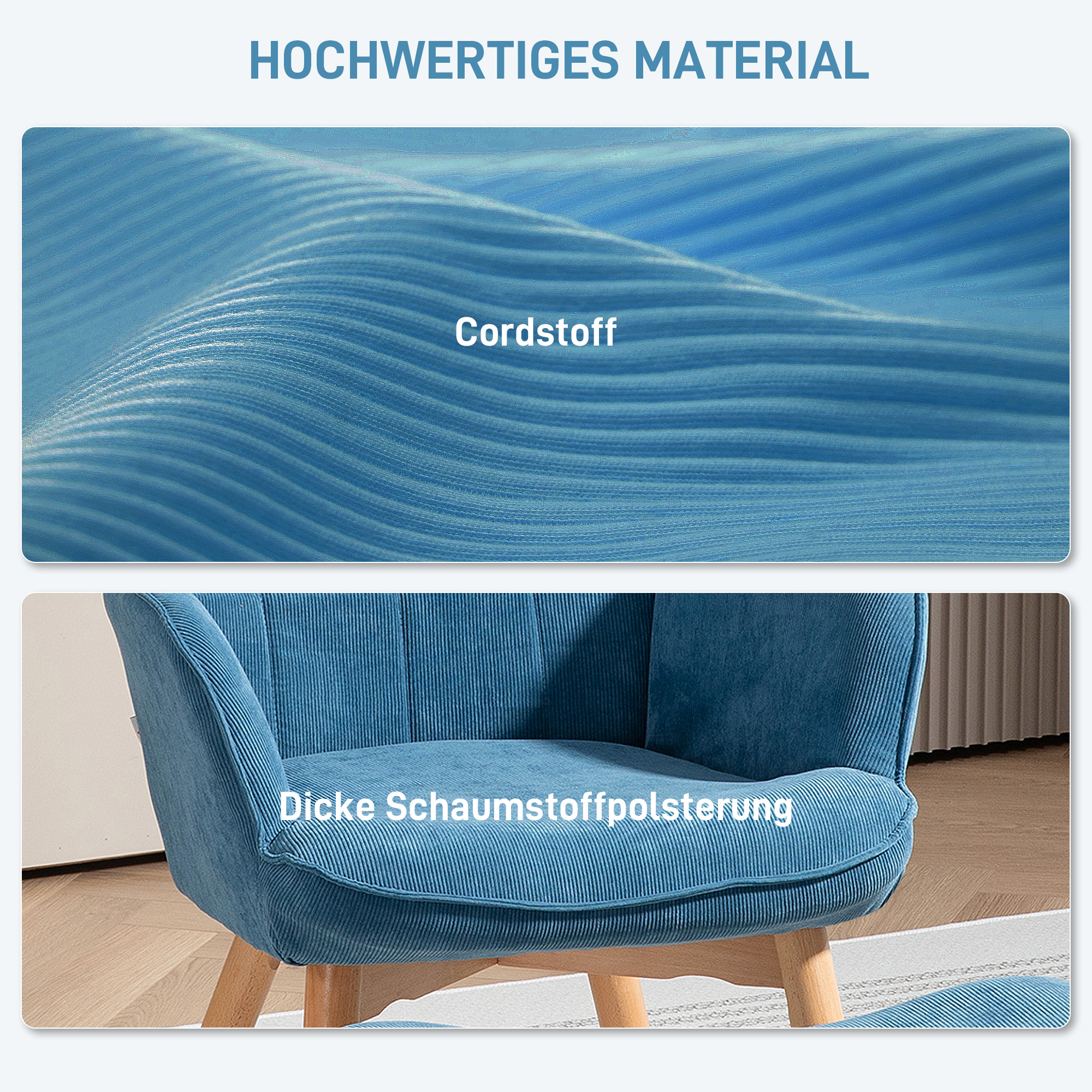 Akzentsessel mit Hocker, Relaxsessel in Cord-Optik, Armlehnstuhl mit Holzbeinen, für Wohnzimmer, Blau