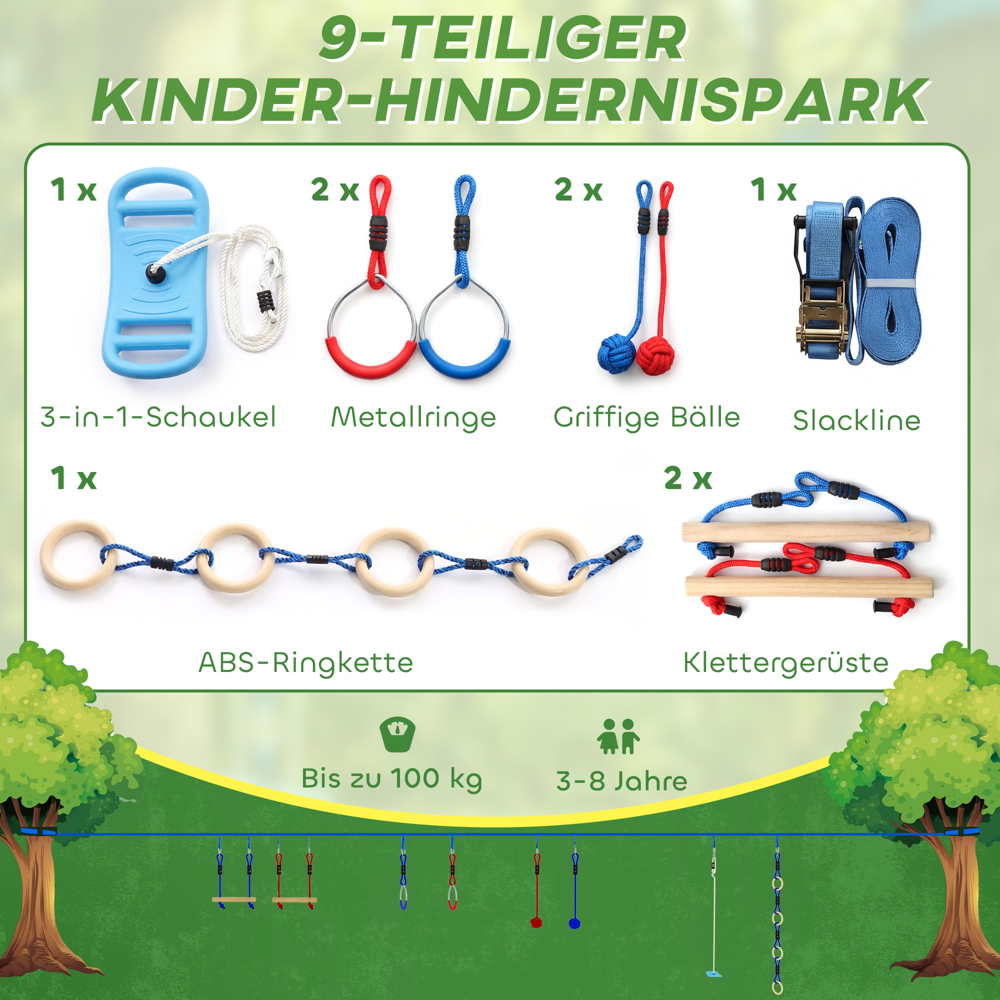 Ninja Line Kinder 10m 9-teilig Slackline Set mit 2 Turnringe 3-in-1 Schaukel 2 Kletterstange für 3-8 Jahre Mehrfarbig