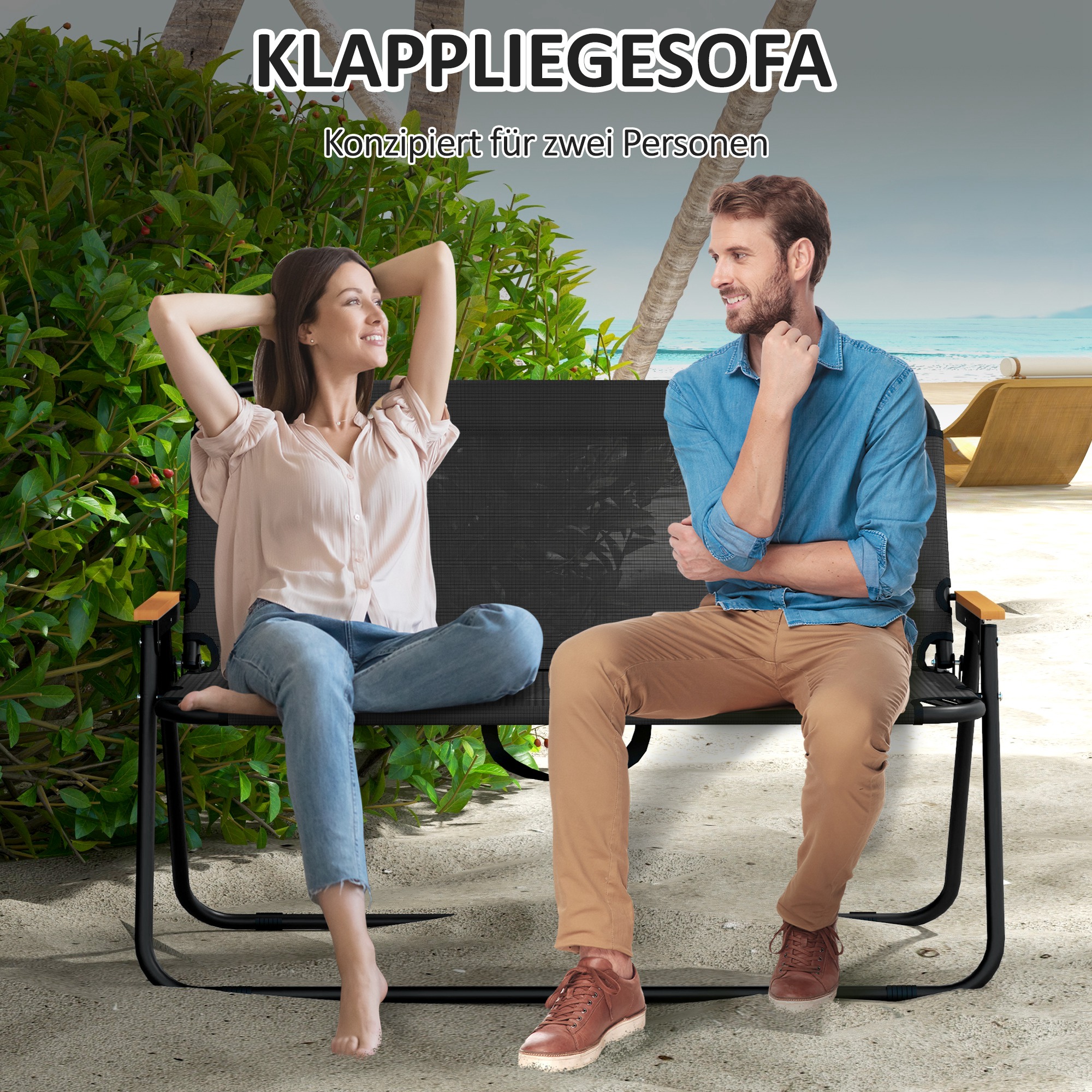 Klappstuhl, atmungsaktiv, Holz-Kunststoff-Armlehnen, 108x65x73cm, Schwarz-Natur