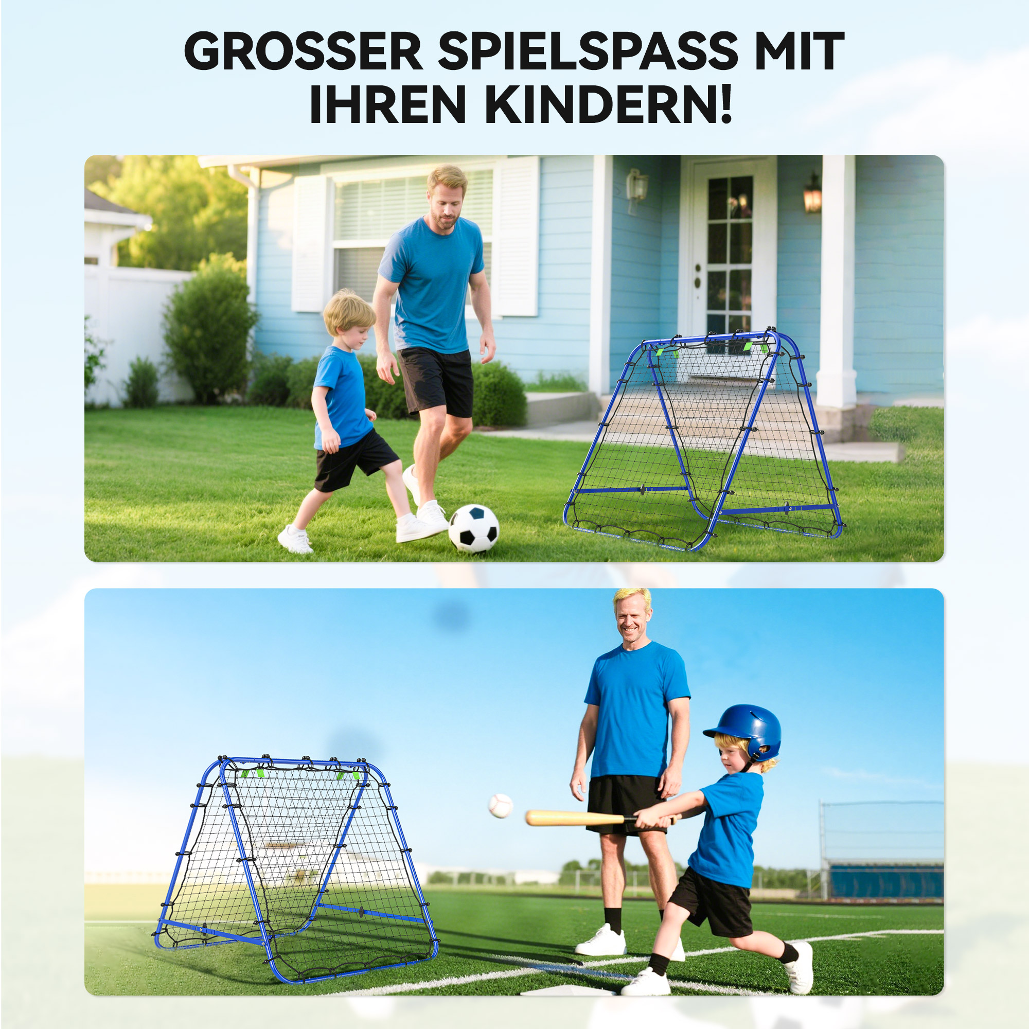 Doppelseitige Rebounder für Fußball, verstellbar Prellwand mit 5 Winkelpositionen Rückprallwand Netz, 100 x 68-95cm Kickback Tor für Jugendliche, Rückprallwand für Handball Training, Blau