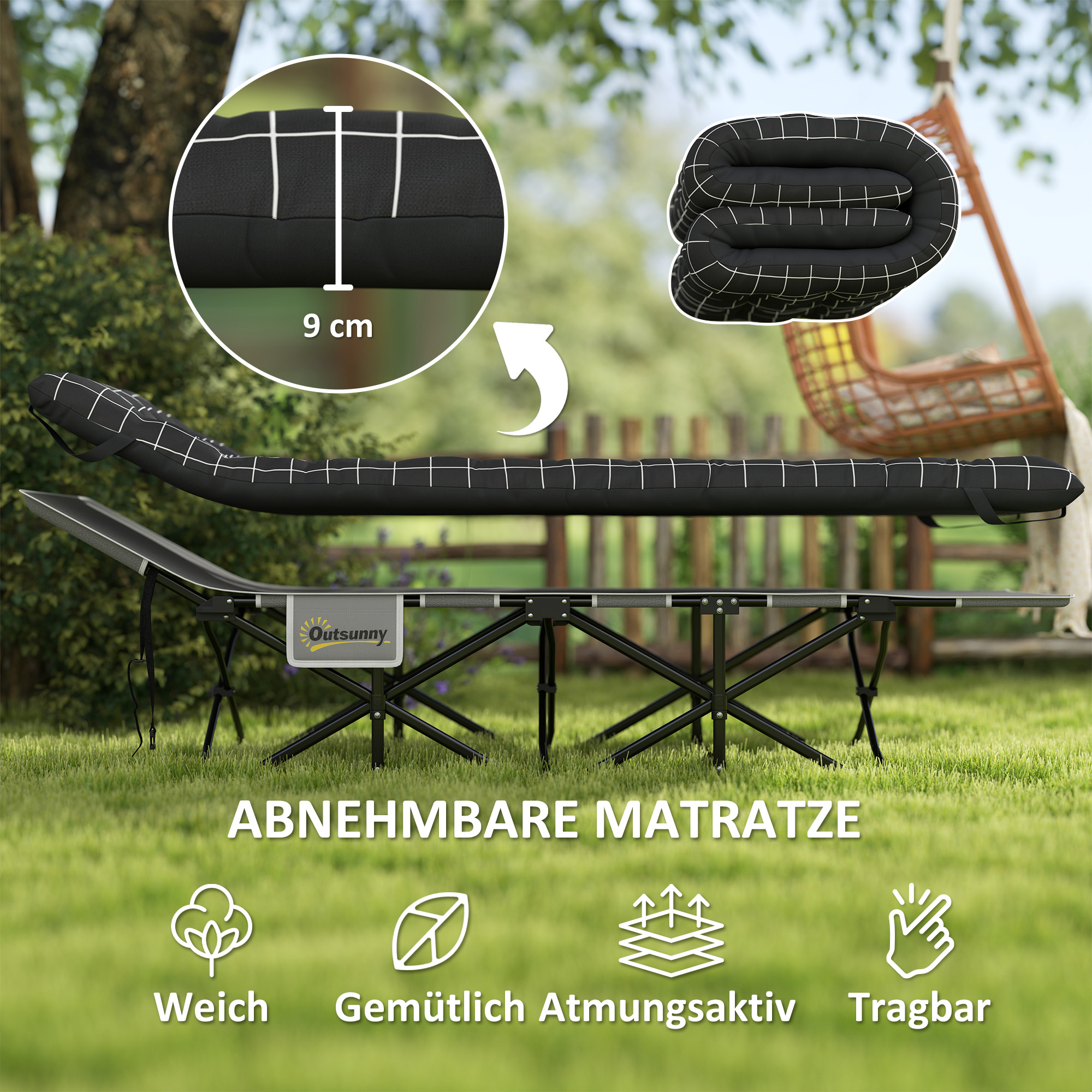 Klappbares Campingbett, Feldbett mit Matratze, ergonomisch, Metallrahmen, Schwarz