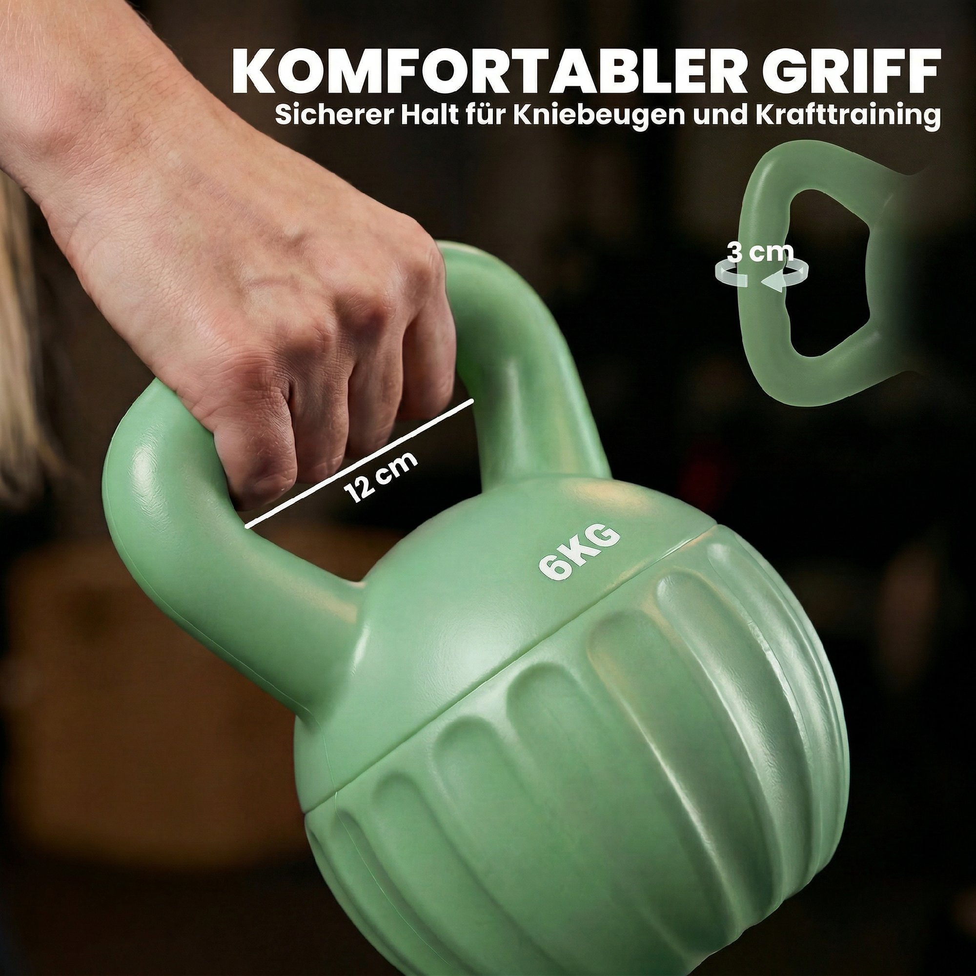 Kettlebell Kugelhantel 6 kg Gewicht-Hantel mit Sand befüllt für Anfänger Zuhause Krafttraining 17 x 17 x 23 cm Grün