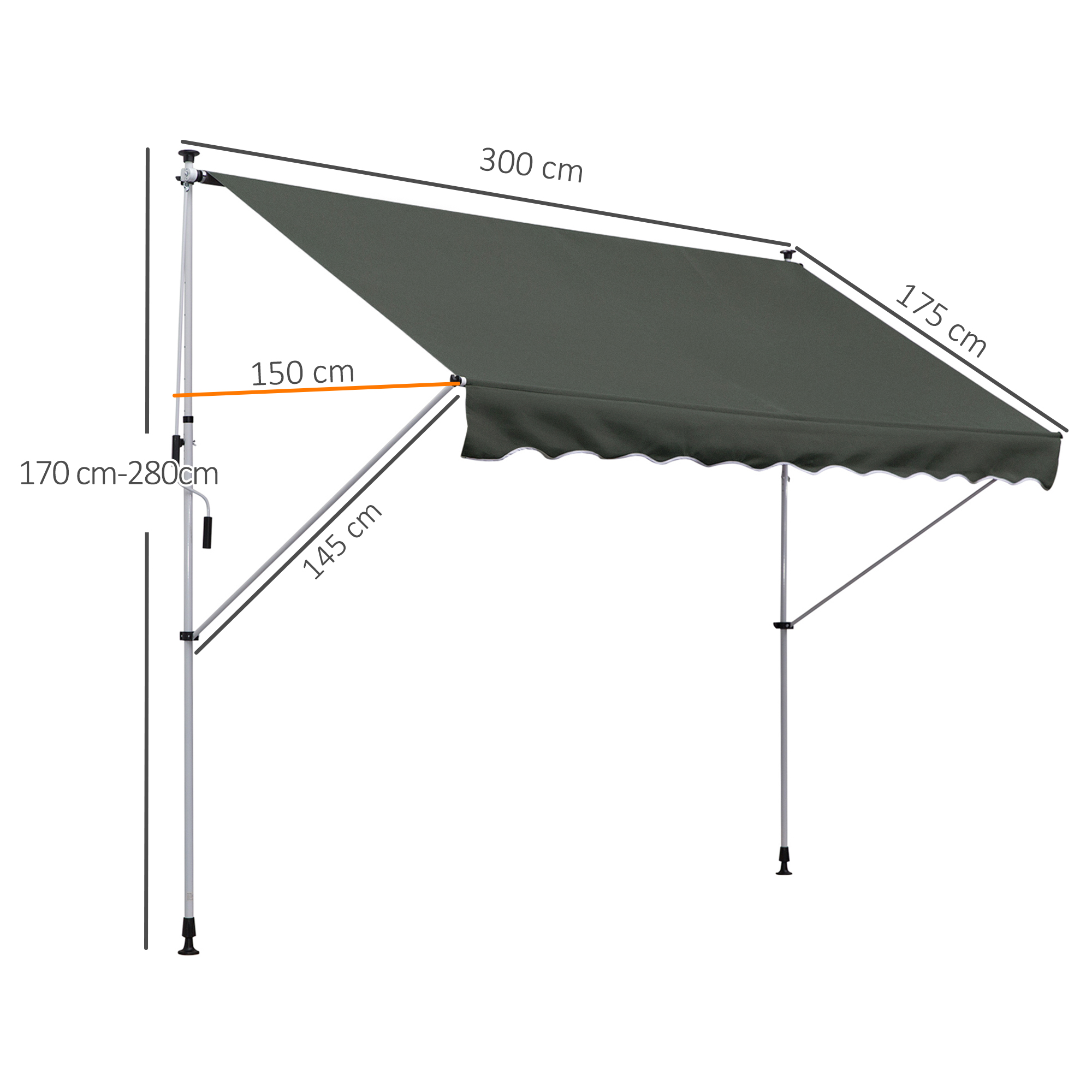 Klemmmarkise mit Handkurbel höhenverstellbar Gelenkarmmarkise schmutzabweisend, witterungsbeständig Balkonmarkise 150cm breit Terrassenmarkise für Terrasse Balkon Veranda Grau