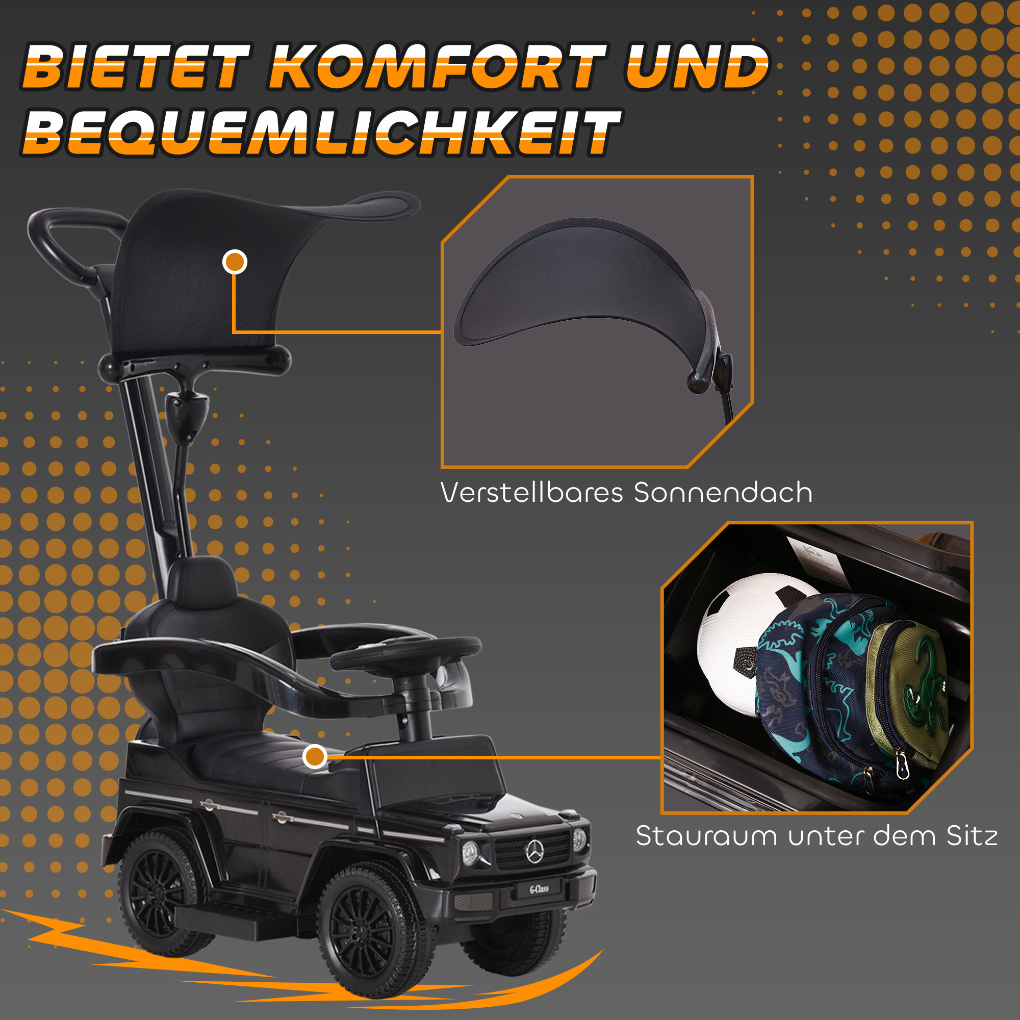 Rutschauto mit Schiebstange Mercedes-Benz G350 Rutschfahrzeug mit Lenkrad 3-in-1 Schiebeauto für 18-36 Monate Kinder Schwarz