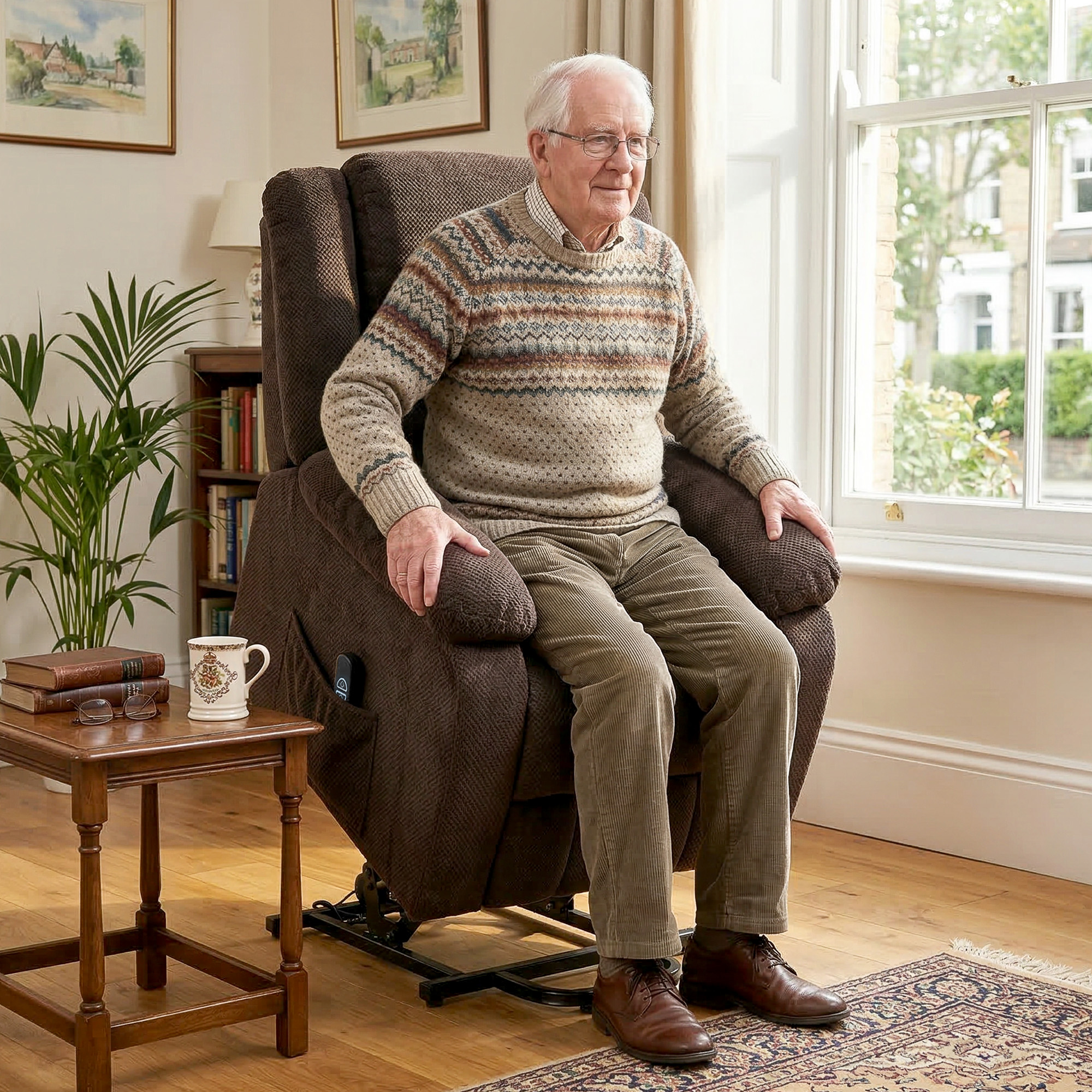 Aufstehsessel mit weichem Bezug, Recliner-Sessel mit Fernbedienung und Seitentaschen, Braun