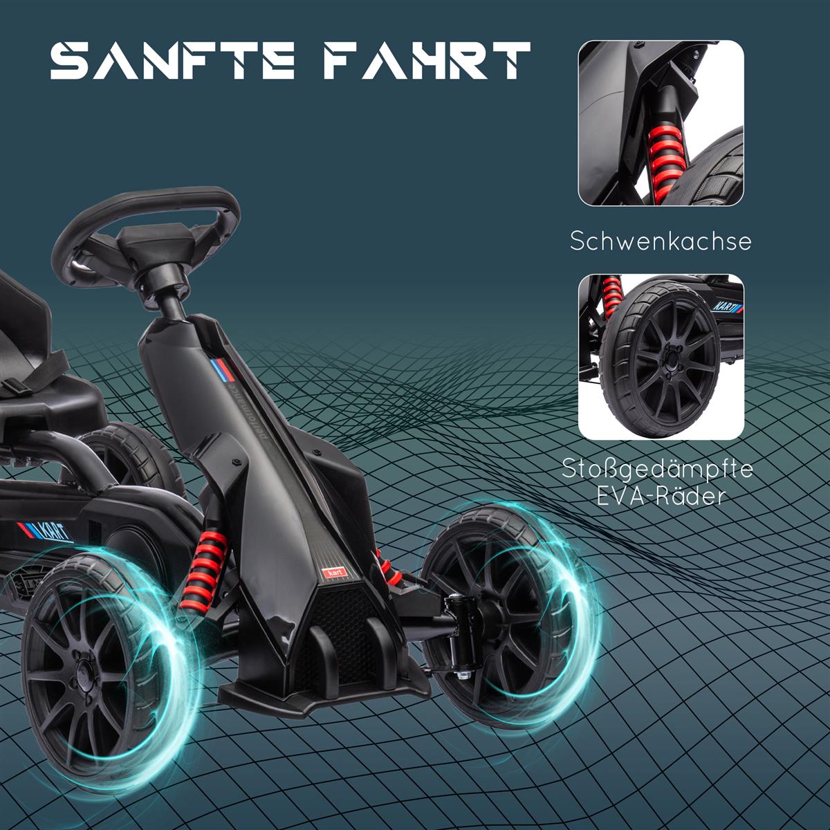 Go-Kart, Kinderfahrzeug mit verstellbarem Sitz, Tretfahrzeug, Tretauto mit Handbremse, 3-8 Jahre, Outdoor, Schwarz