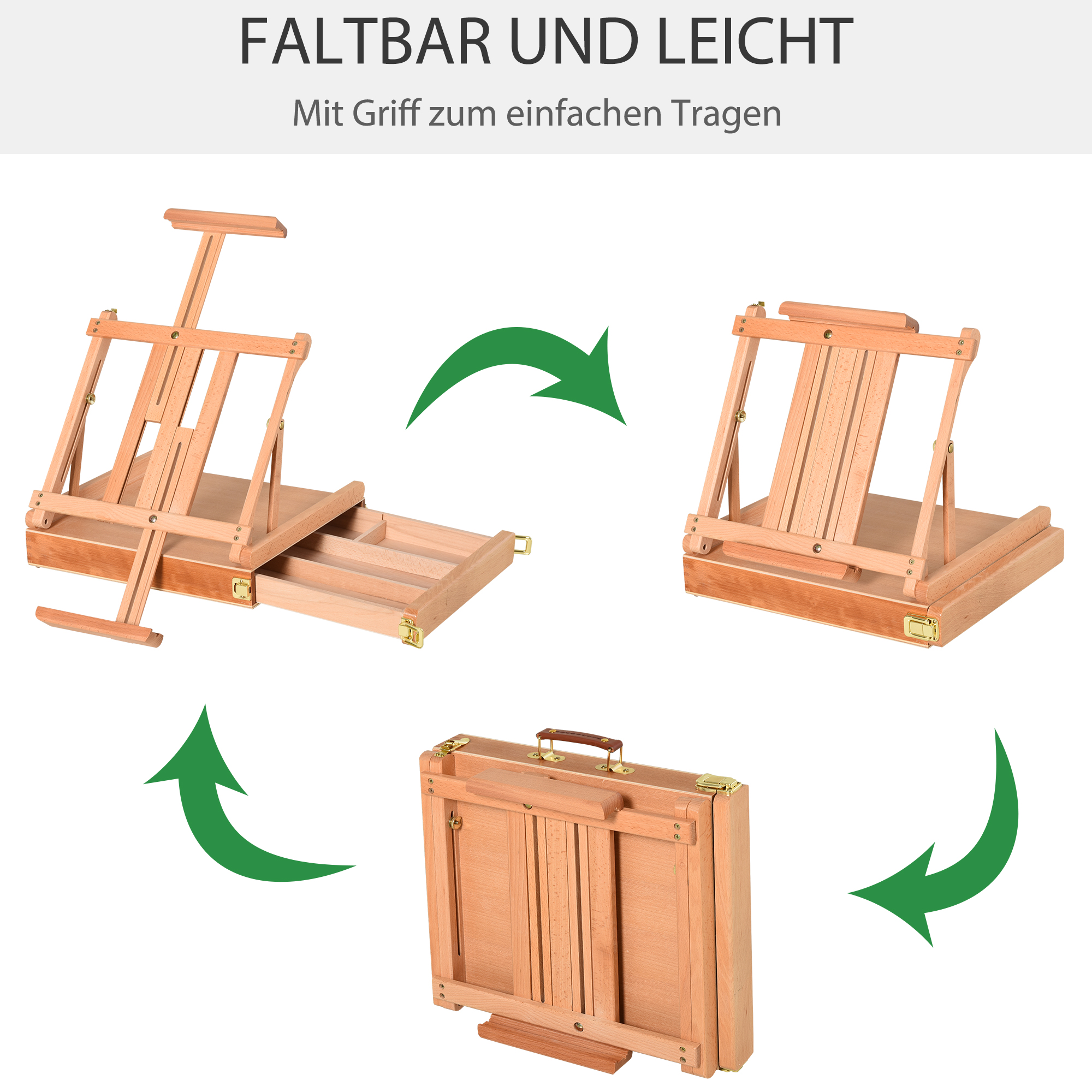 Staffelei Keilrahmen Kofferstaffelei Atelierstaffelei Winkelverstellbar Faltbar mit Schublade Buchenholz Natur 42 x 36 x 12,5 cm
