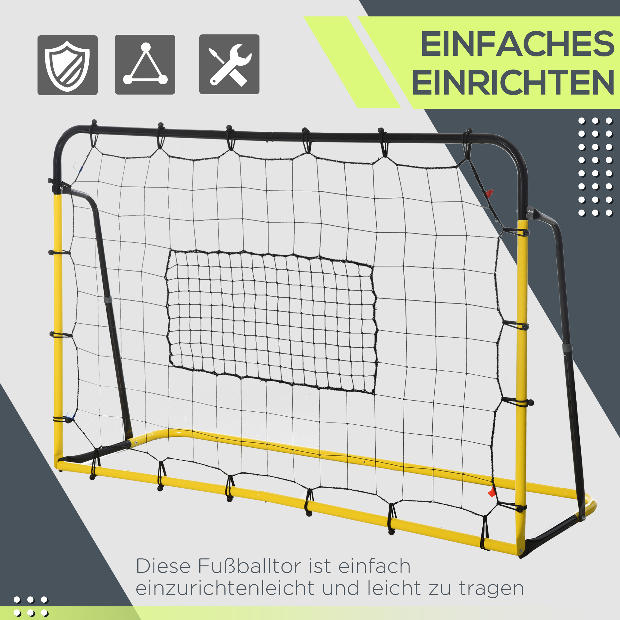 Kickback Fußball Rebounder Tor Rückprallwand Netz für Fußball, Basketball und Baseball, Stahl+PE, Gelb+Schwarz, 184 x 63 x 123 cm