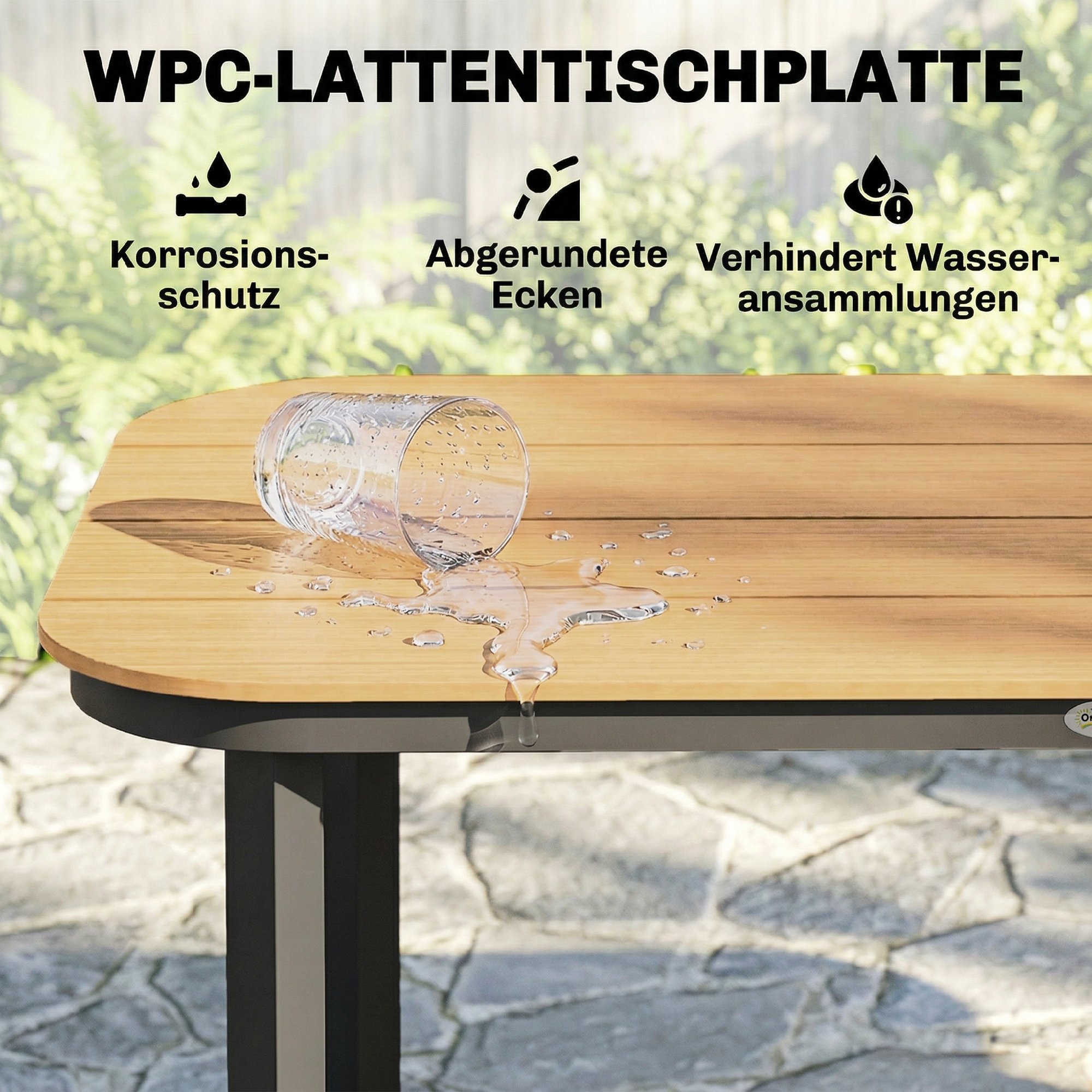 Gartentisch, Esstisch für 6 Personen, Balkontisch mit Metallrahmen, WPC Lamellentischplatte, 155 x 88 x 72 cm, Braun