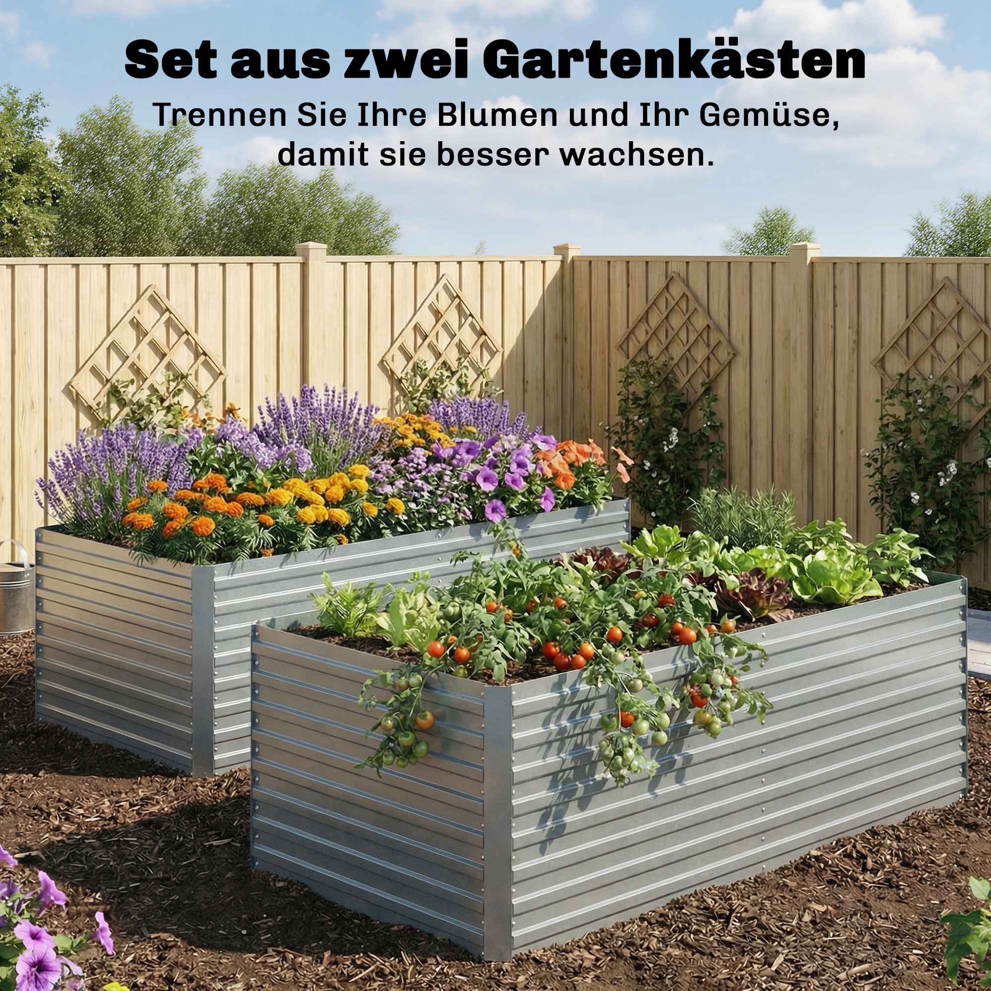 Set aus 2 verzinkten Hochbeeten, 180 x 90 x 60 cm Metall-Hochbeete mit sicherer Kante, Silber
