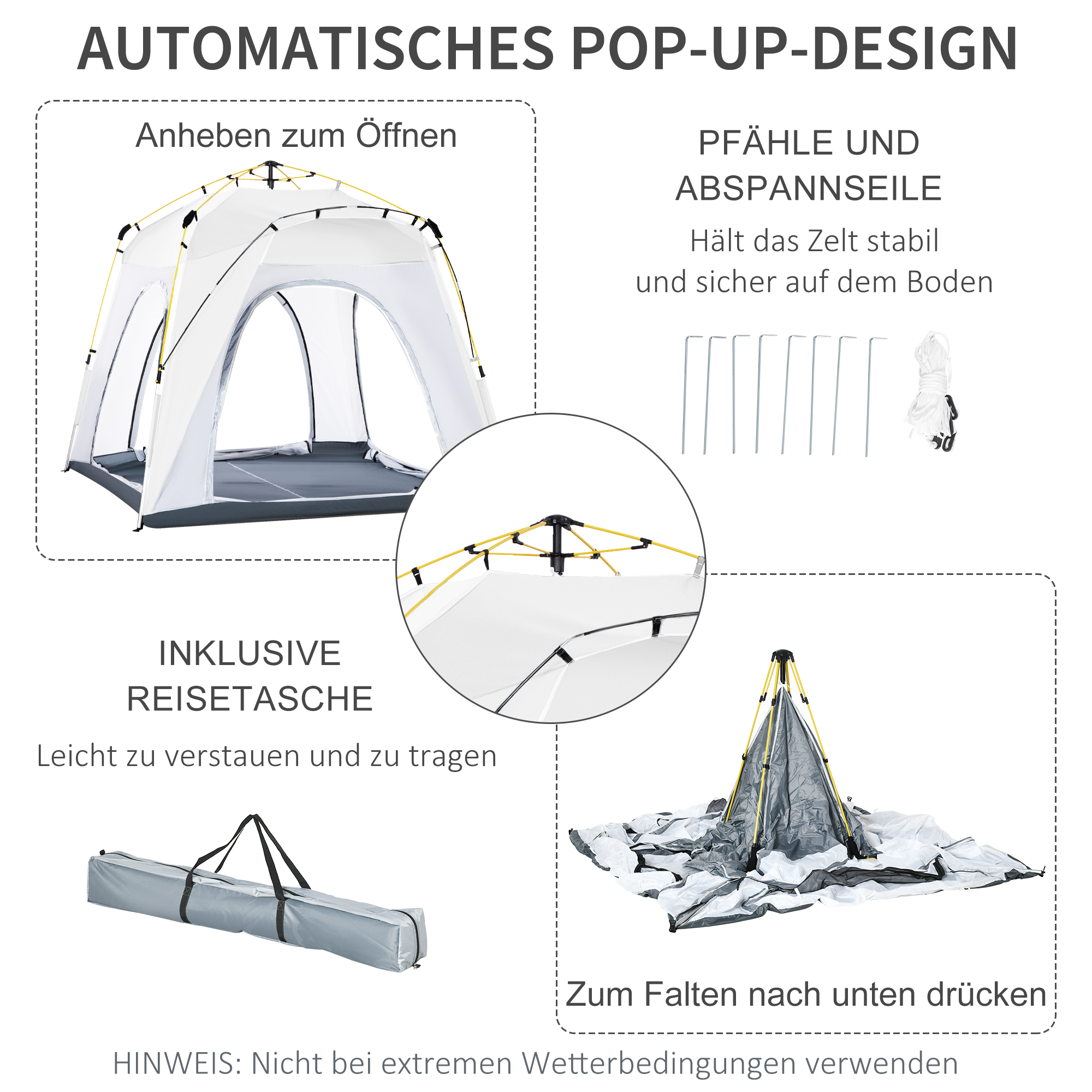 Pop Up Kuppelzelt für 4 Personen leicht, stabil wasserdicht UV 50+ mit Haken Tür Fenster, Bodenplane