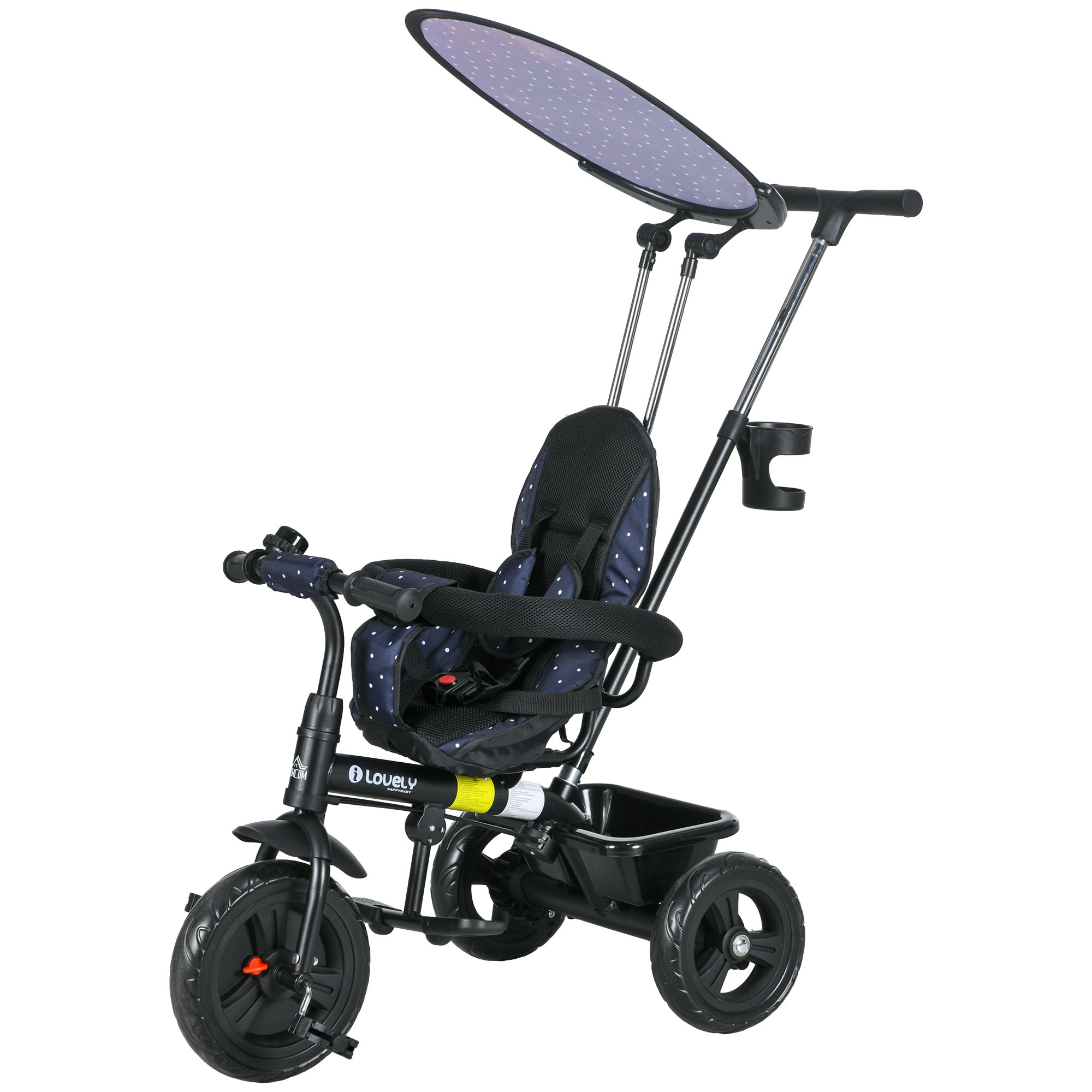 6-in-1 Kinderdreirad mit Schiebestange, Dach, Gurt, Ablagekorb, für 1-5 Jahre, Dunkelblau 6-in-1 Kinderdreirad mit Schiebestange, Dach, Gurt, Ablagekorb, für 1-5 Jahre, Dunkelblau