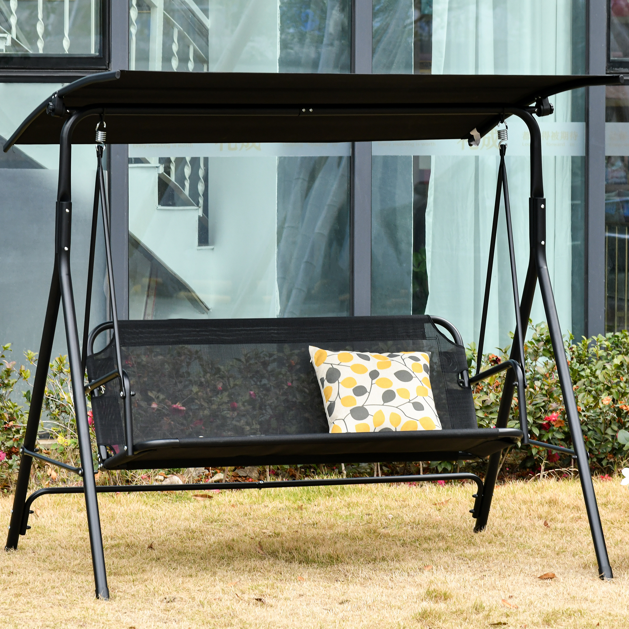 2-Sitzer Hollywoodschaukel Outdoor Gartenliege UV-beständig Hochwertiges Metallrohr winkeleinstellbar Schwarz
