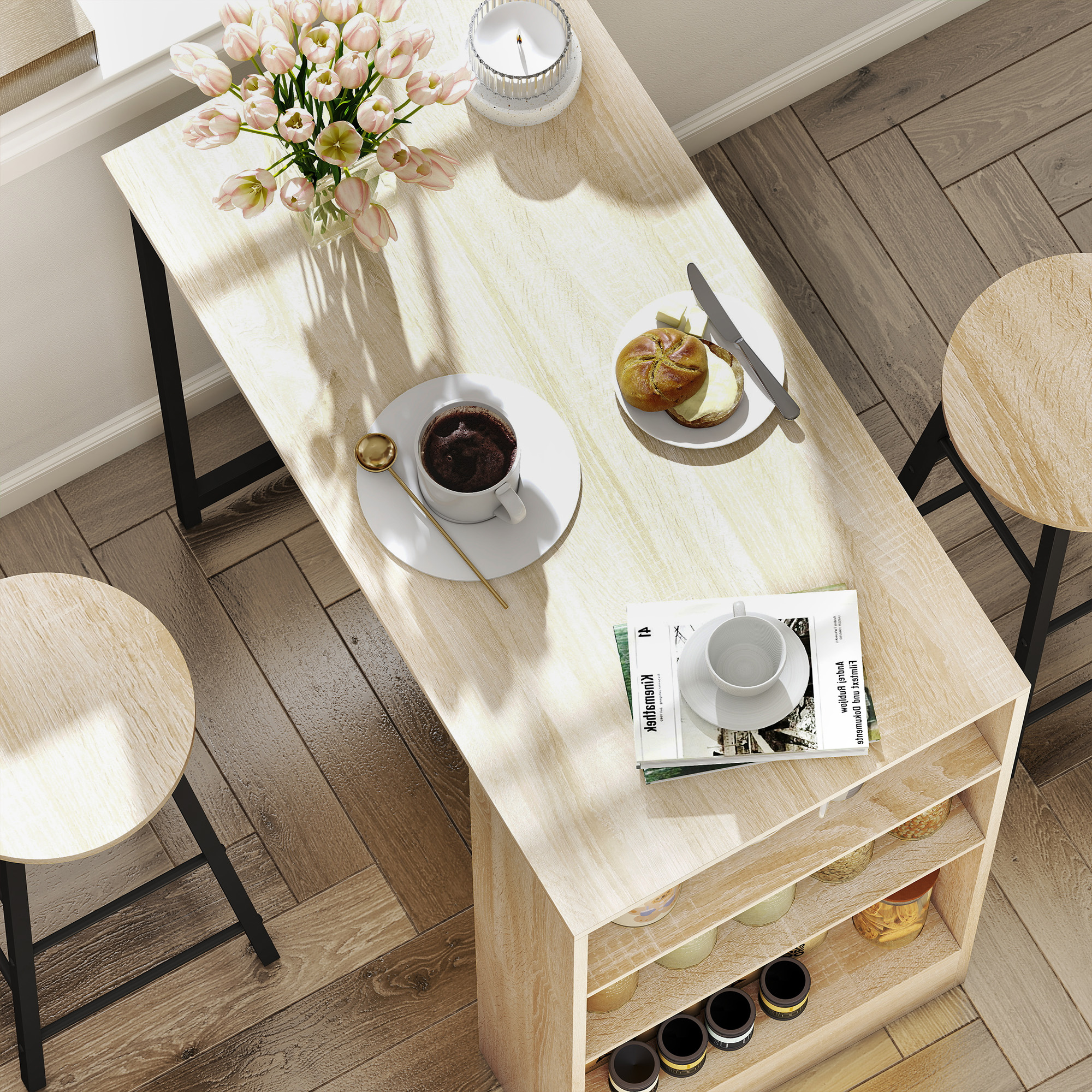 3-teiliges Bartisch-Set, 1 Tresen, 2 Stühle, mit Stauraum und Fußstützen, platzsparend, Hellbraun+Schwarz