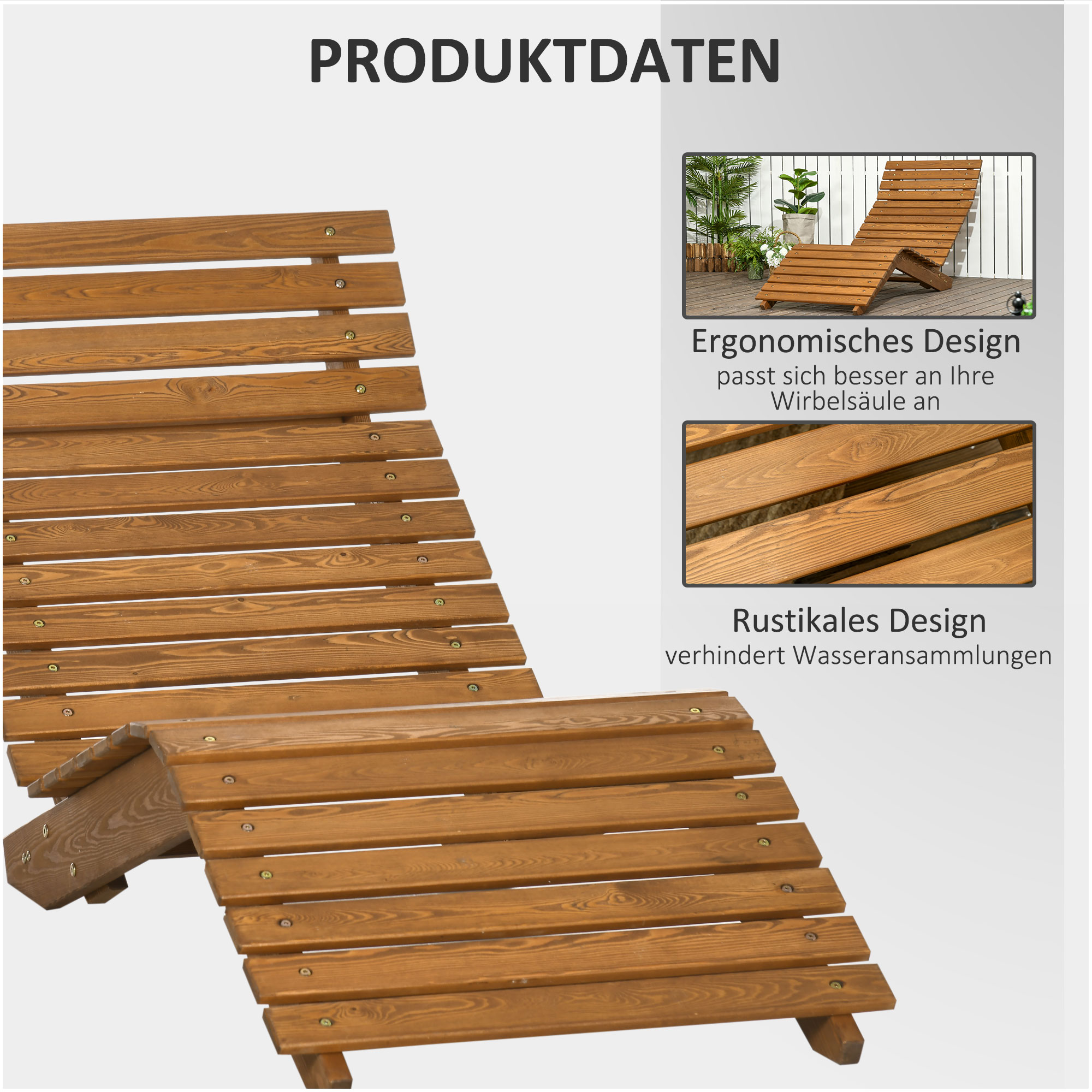 Gartenliege, Sonnenliege, Massivholz, Braun, 66 x 170 x 77 cm