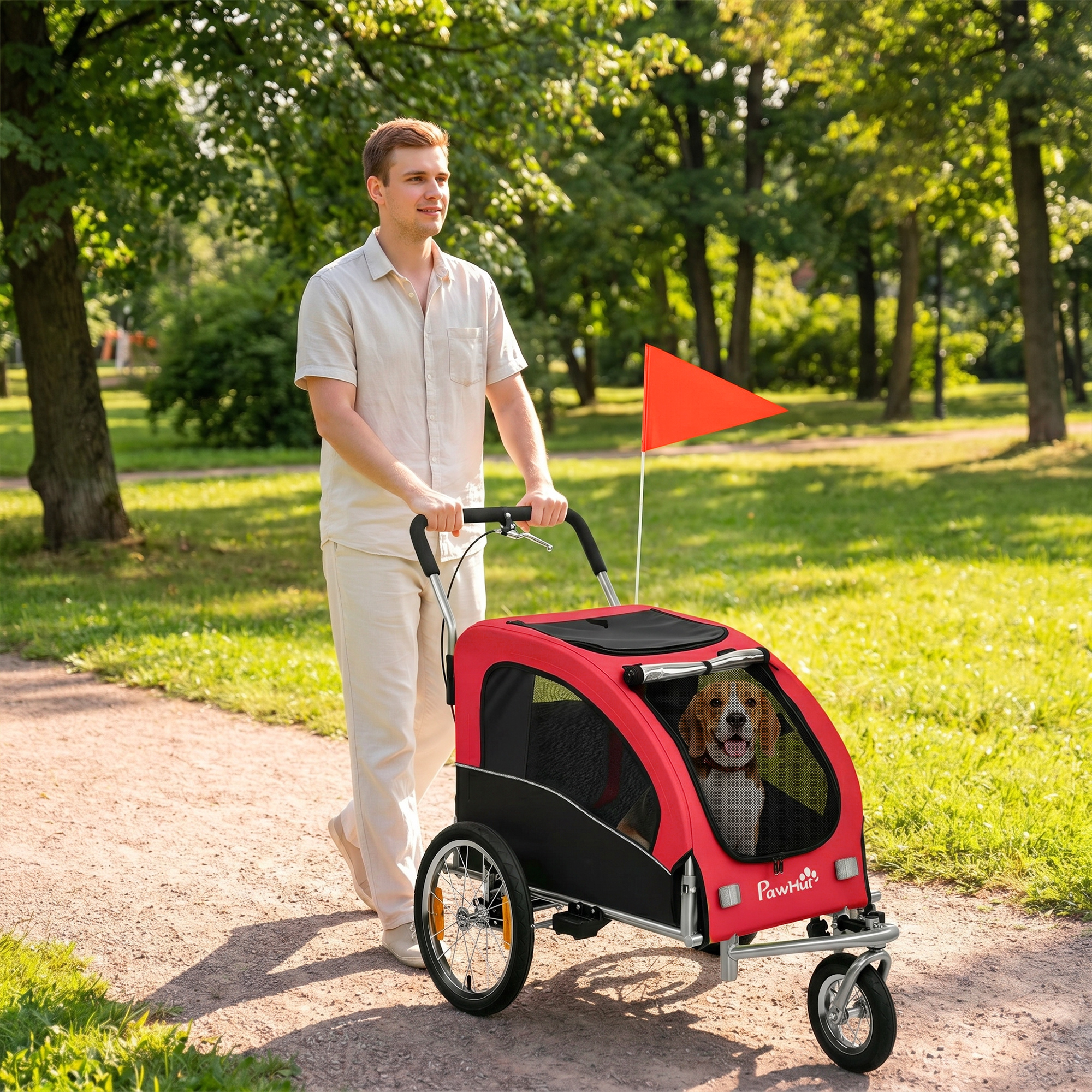 2-in-1 Hundeanhänger für Fahrrad Faltbarer Hundebuggy für kleine & mittelgroße Hunde bis 20 kg, Rot