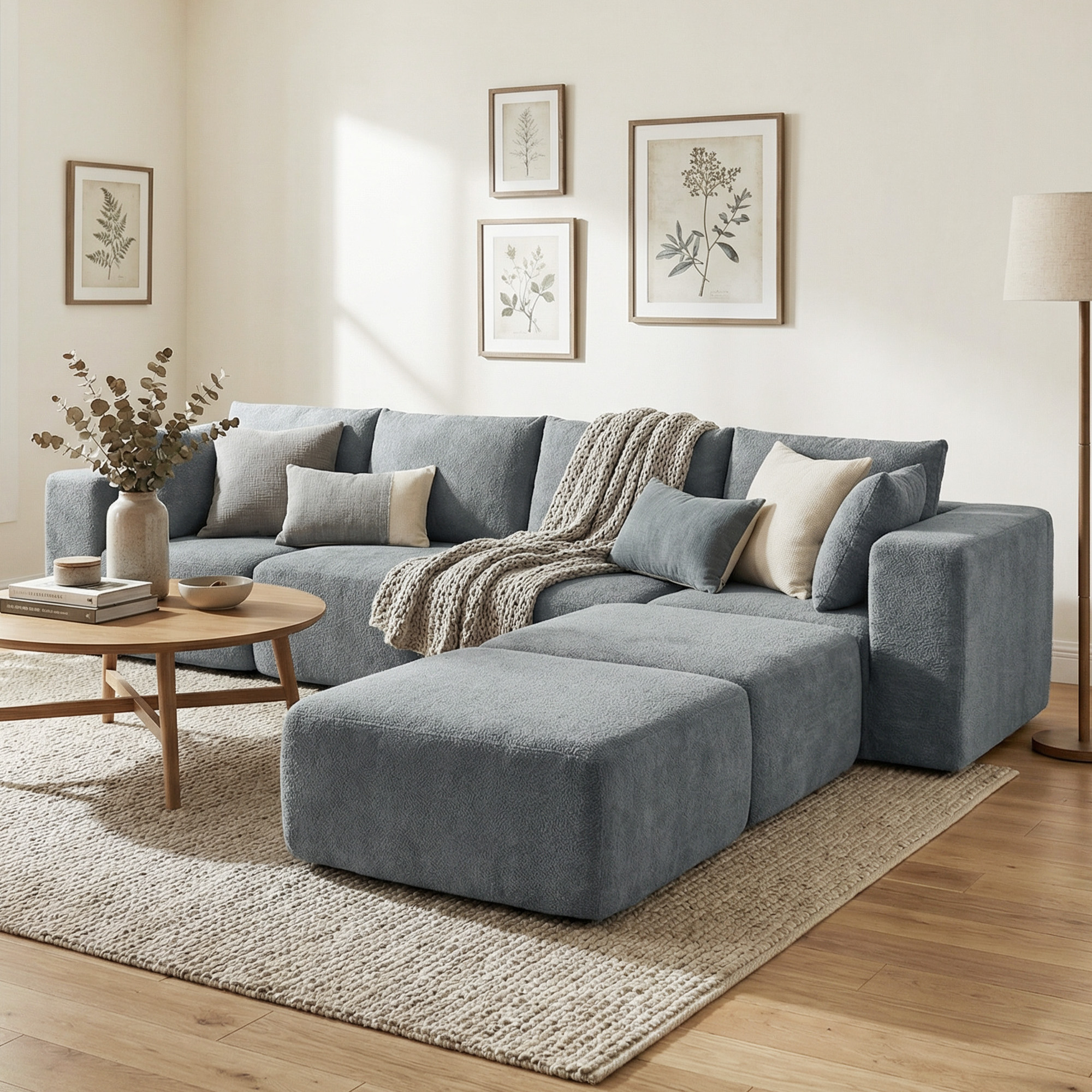 Modulares Ecksofa, U-Form Sofa mit breitem und tiefem Sitz, 2 Hocker, dunkelgrau