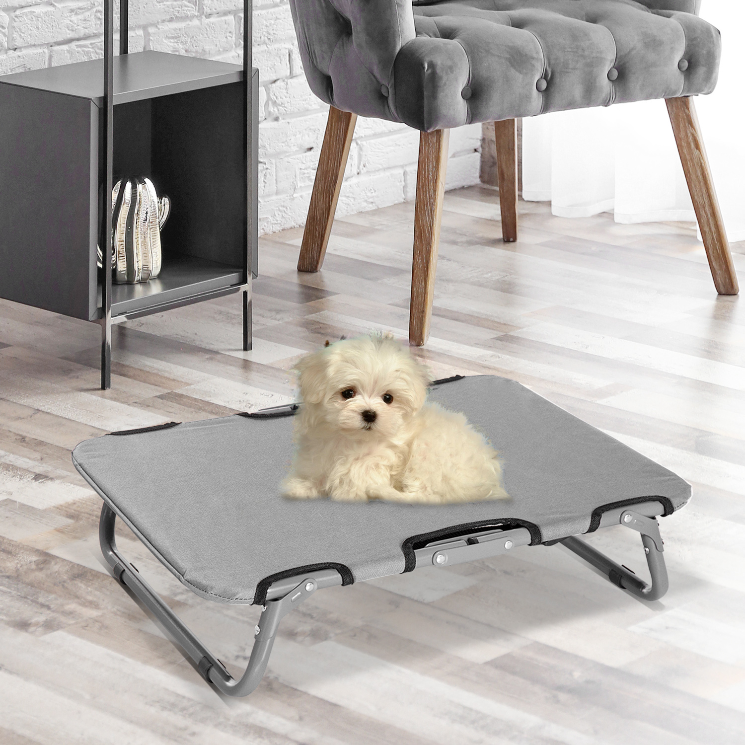 Hundeliege Outdoor, klappbar erhöhtes Hundebett für kleine Hunde, Kühlendes Haustierliege mit Stahlrahmen, Haustierbett für Draußen Camping, 59 x 46 x 15 cm, Grau