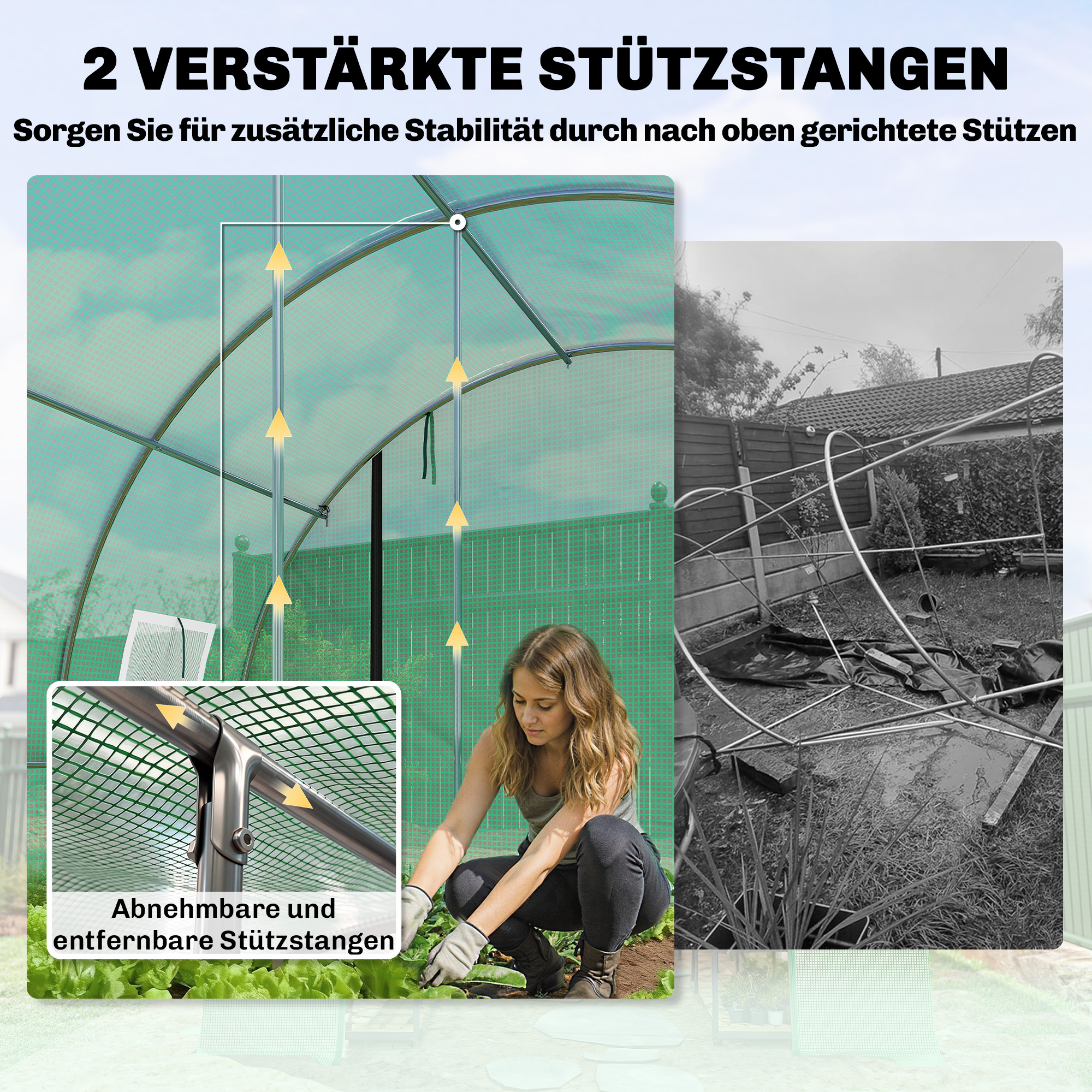 Gewächshaus ca. 4 x 3 x 2 m Foliengewächshaus mit Rollbar 2 Reißverschlusstür & 8 Netzfenster Stützstangen Grün