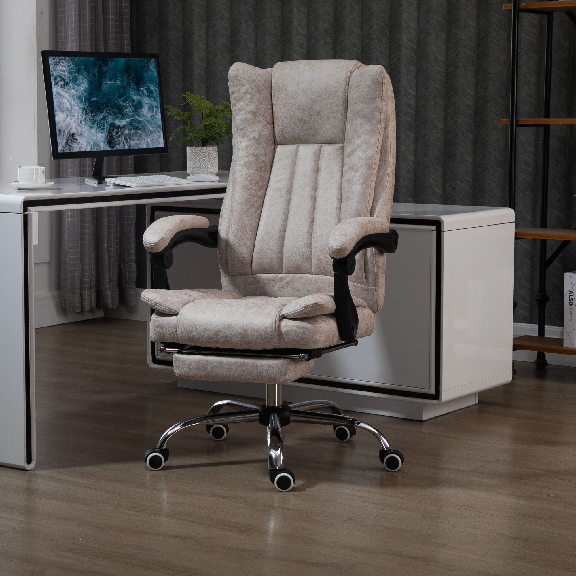 Bürostuhl Drehstuhl mit Liegefunktion Fußstütze Bürosessel Sitzhöhenverstellung Stuhl Schreibtischstuhl Mikrofaser Kunststoff Metall Nylon Beige+Schwarz+Silber 63 x 71 x 110-118 cm