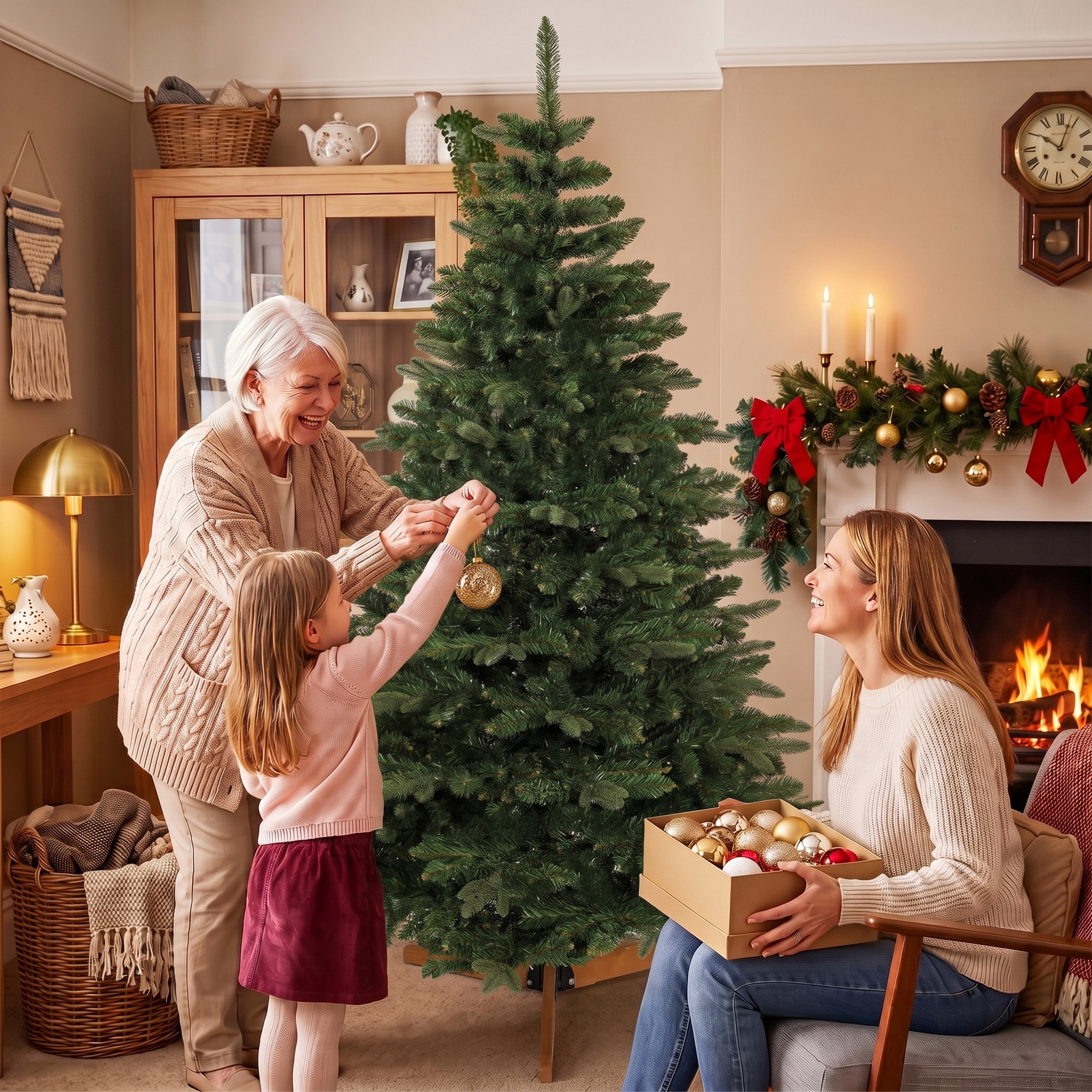 künstlicher Weihnachtsbaum 180 cm, Edeltanne, voll mit Klappästen, 961 Spitzen, faltbarer Holzständer, Grün