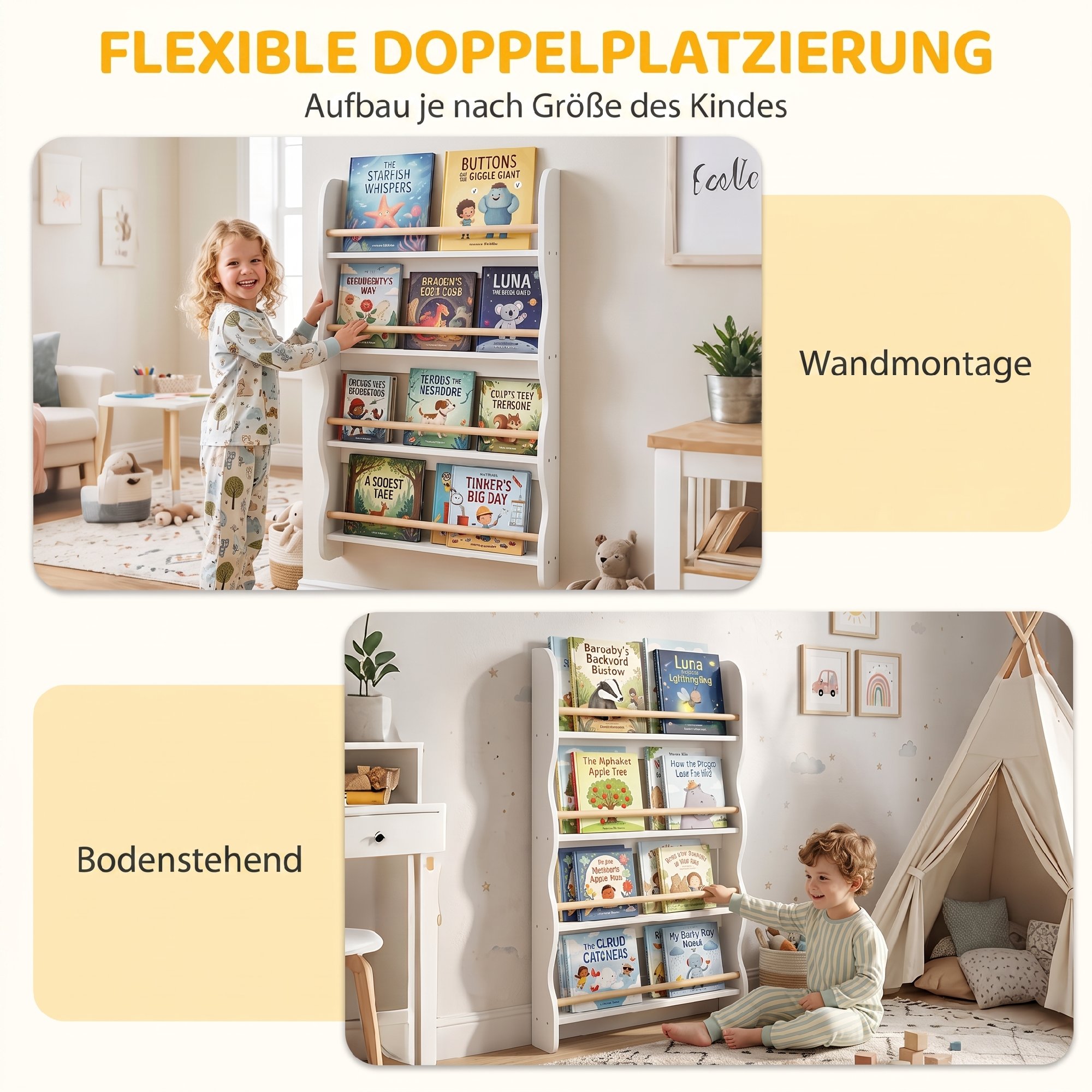 Bücherregal Kinder, Kinderregal mit 4 Regal, Wandregal mit Kippschutz Montessori 60 x 10 x 98 cm, Weiß