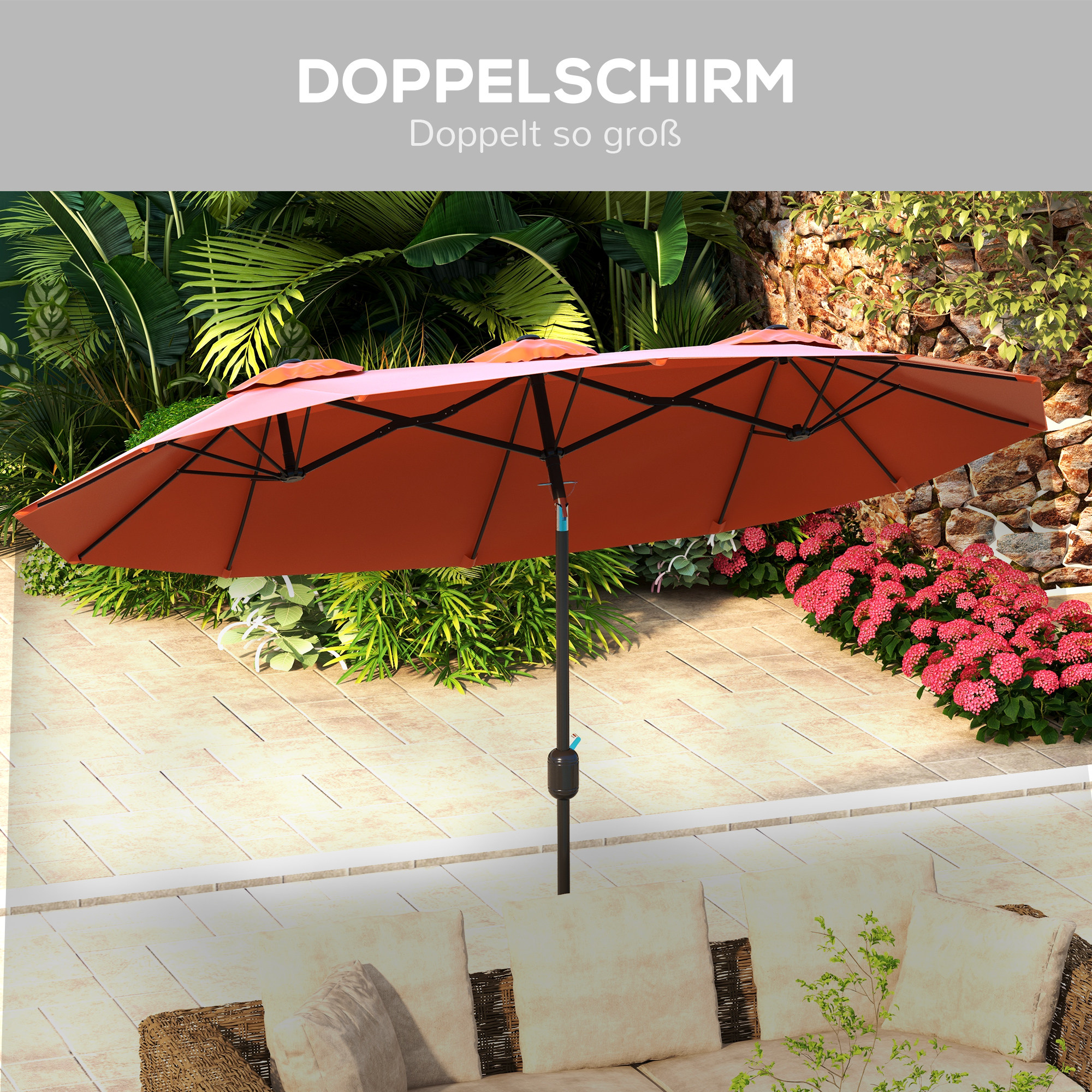 Sonnenschirm, Gartenschirm, neigbar, mit Handkurbel, Winddach, Polyester+Stahl, Weinrot, 295 x 152 cm
