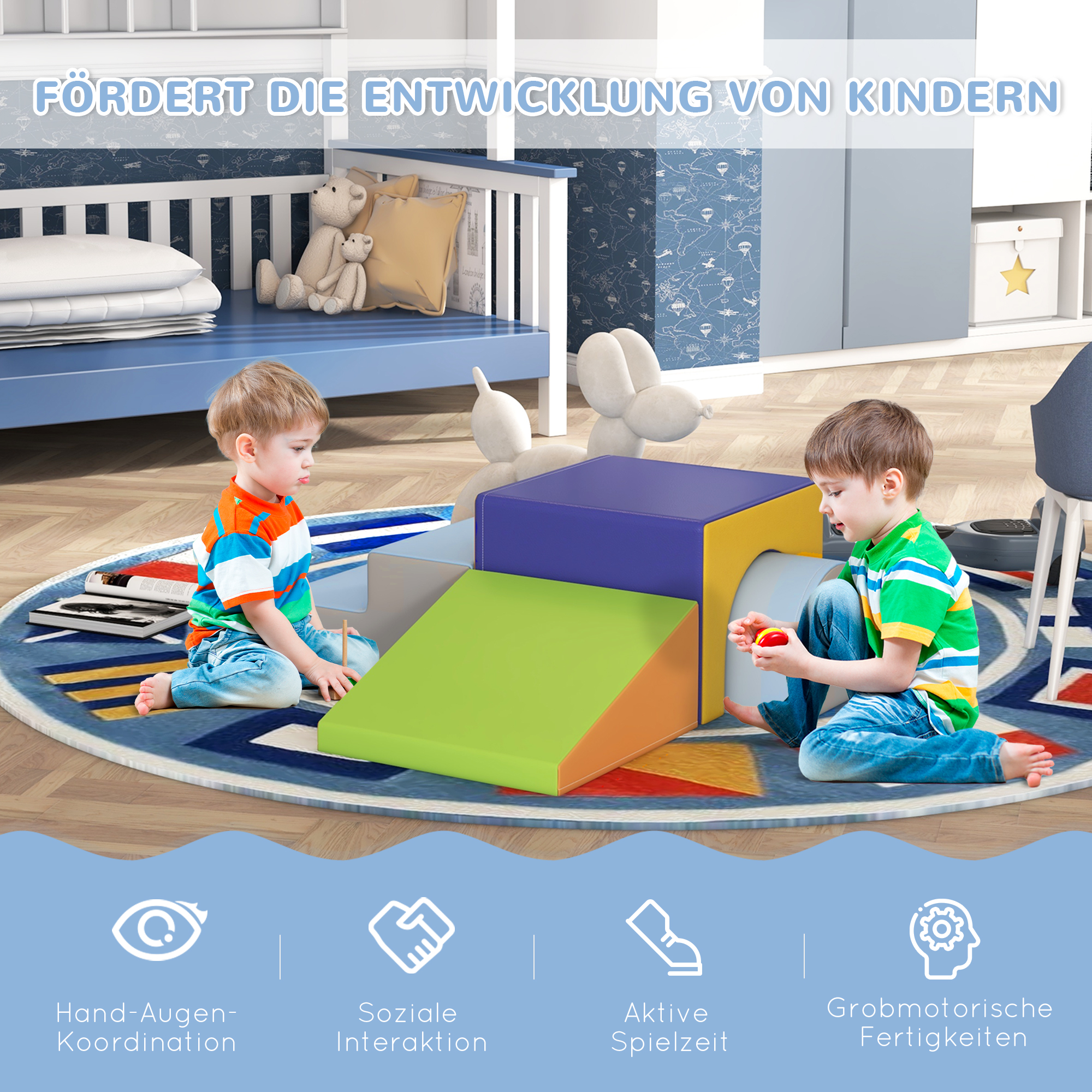 4er Softbaustein-Set zum Klettern und Rutschen, Kunstlederbezug, für Kinder im Alter von 1-3 Jahren, Mehrfarbig