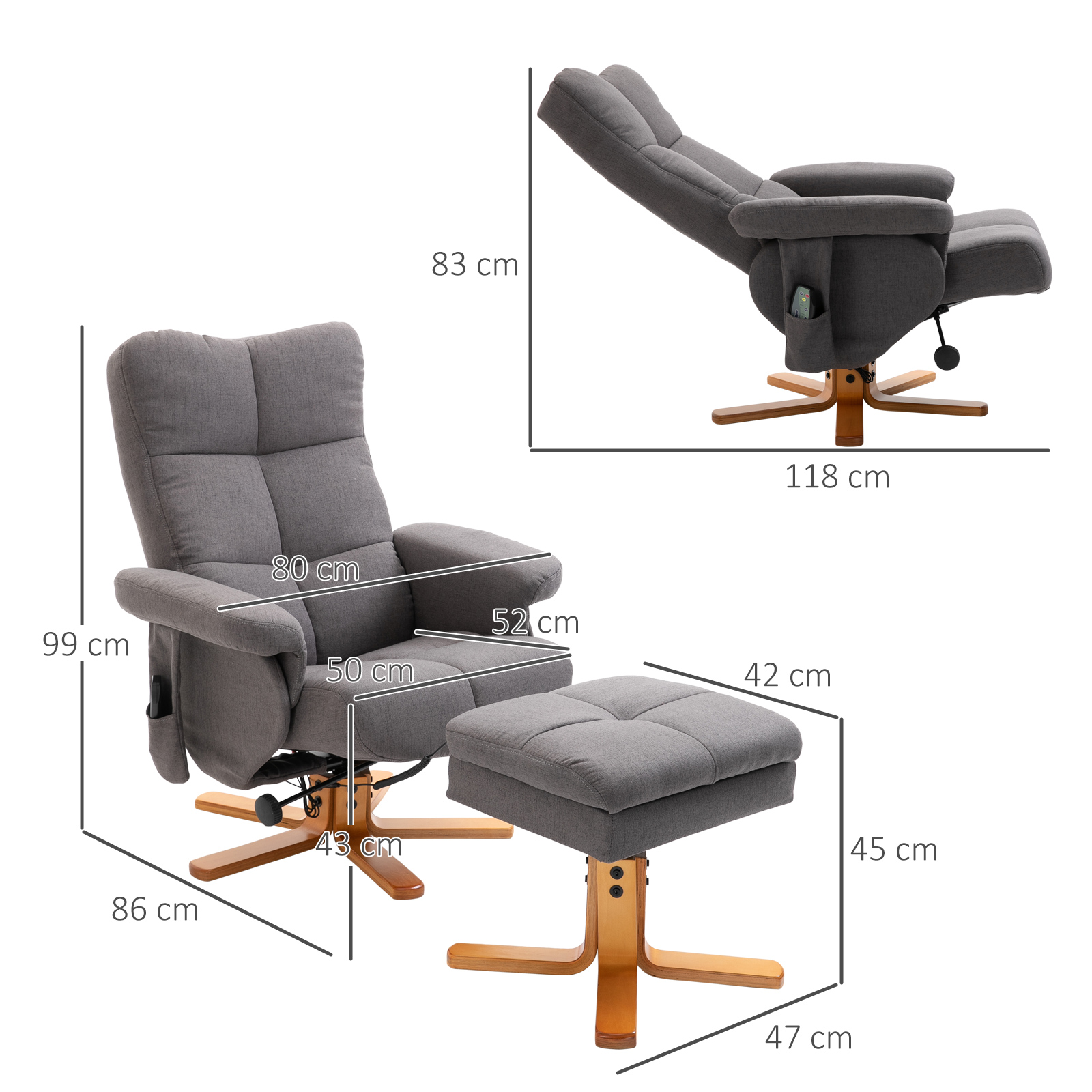 Relaxsessel mit Fußhocker, Stauraum, Elektrischer Massagesessel mit Liegefunktion, Drehbarer Fernsehsessel mit Seitentasche, Fernbedienung, Holzrahmen, Polyester, Dunkelgrau