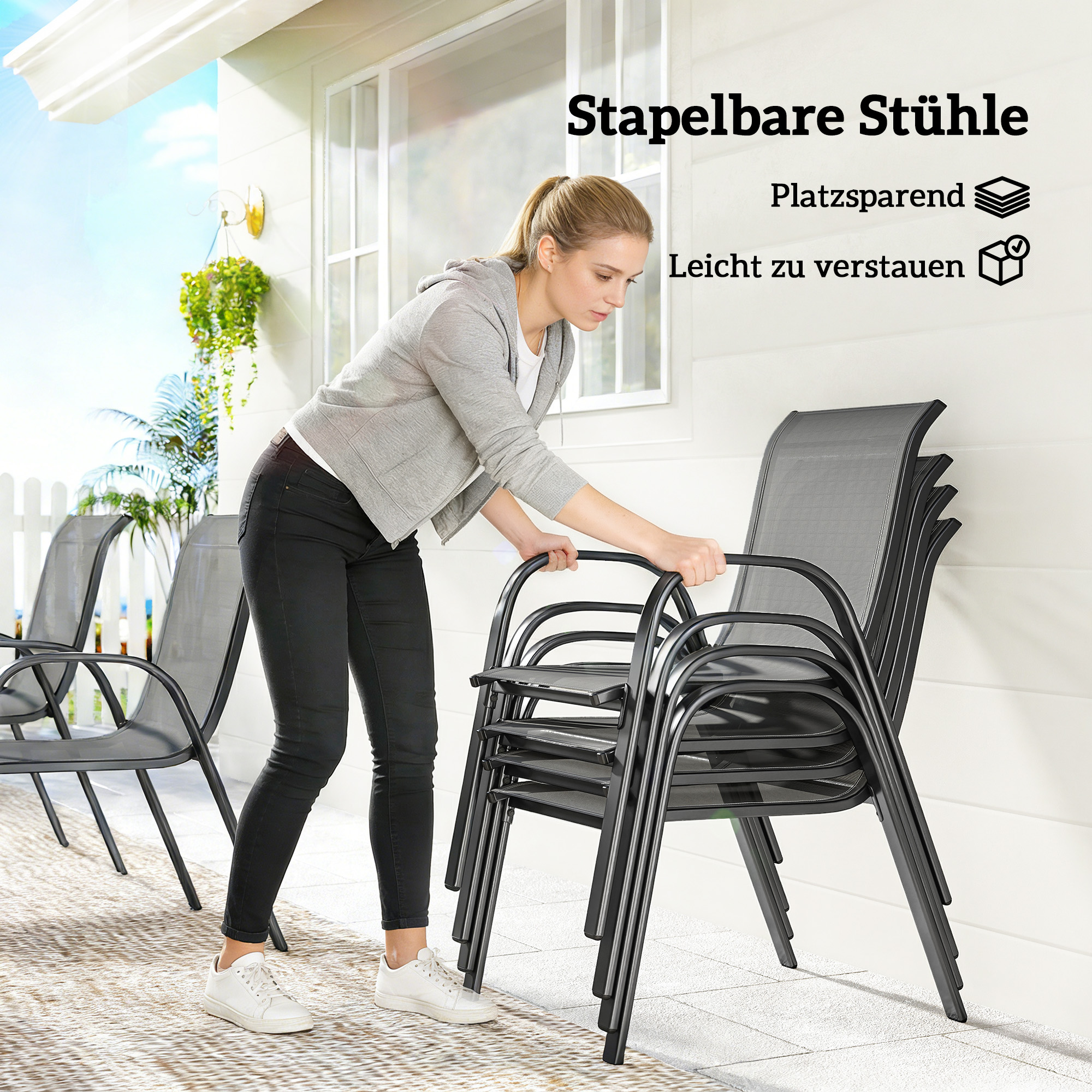 Gartenmöbel Set Sitzgruppe 7-teilig Tisch mit 6 Atmungsaktiven Stapelstühlen Lamelldesign Hellgrau