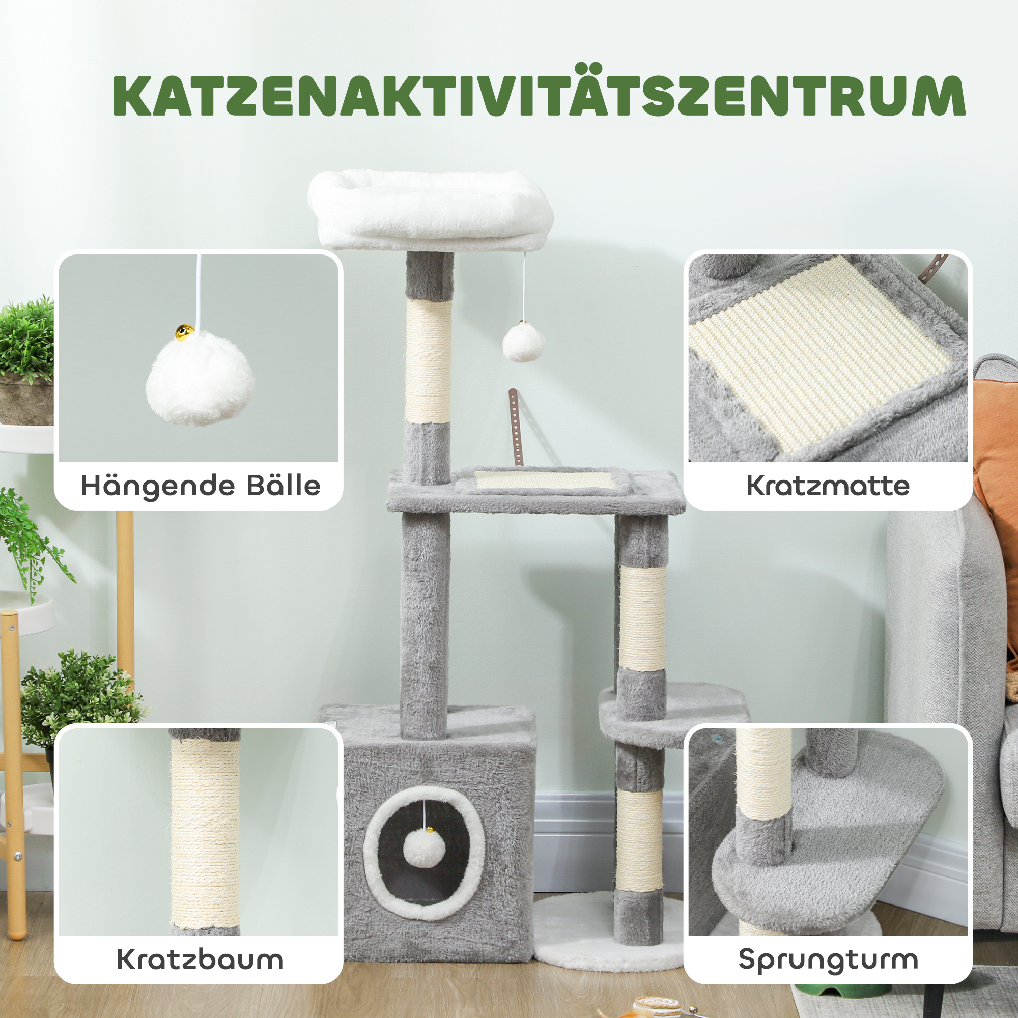Kratzbaum 107 cm Katzenturm mit Höhle, 2 Plüschballen, Sisalstämme, große Plattform, 55x40x107 cm, Grau