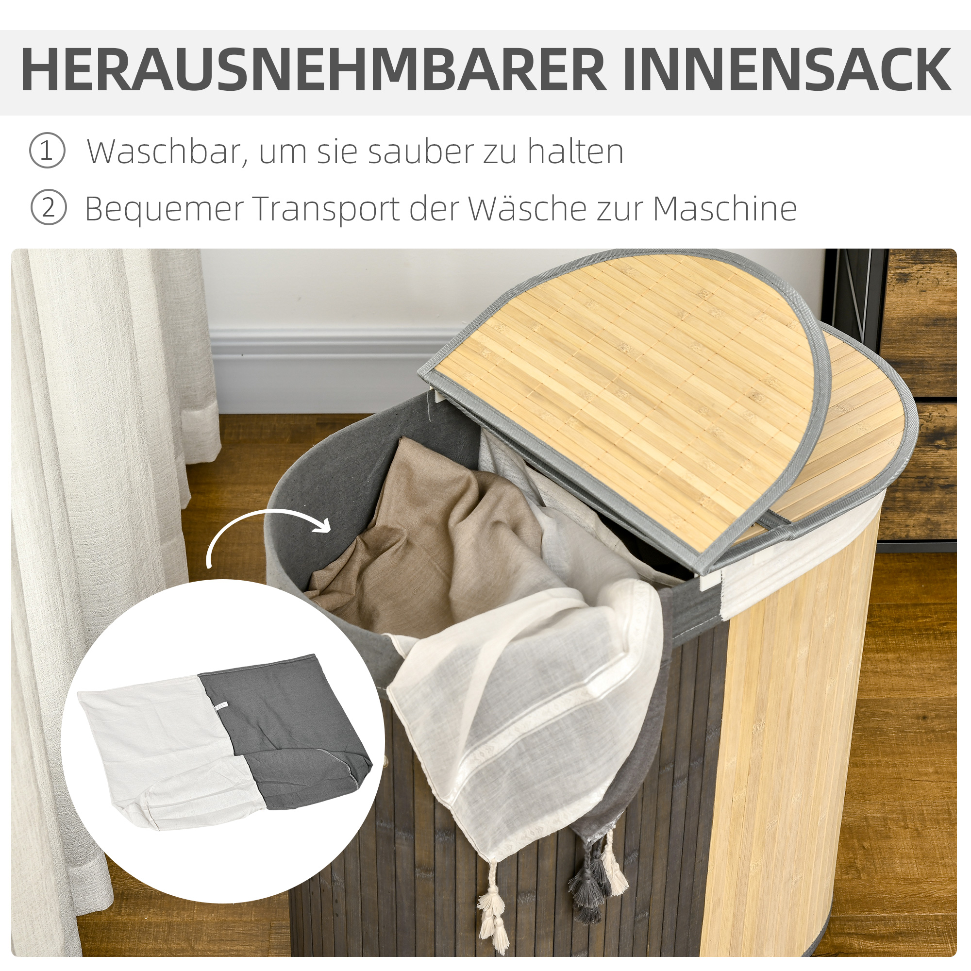 100 L Wäschekorb mit Deckel, Griff, 2 Abschnitte, herausnehmbarer Wäschesack, für Schlafzimmer, Bambus Grau+Natur