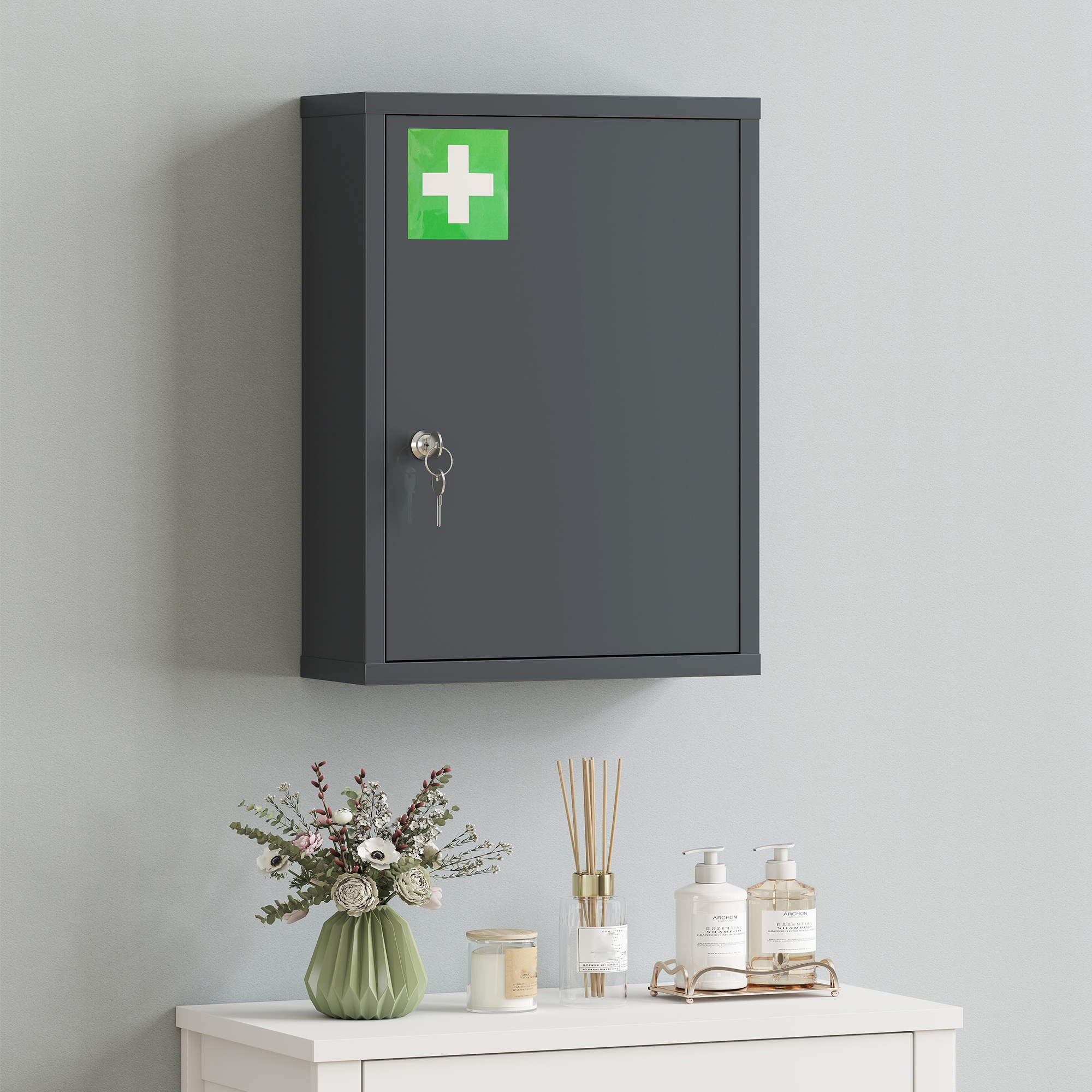 Medizinschrank zur Wandmontage mit Schloss, 3-stufiger Stahl-Wandschrank, 40 x 15 x 53,5 cm, Kohlegrau
