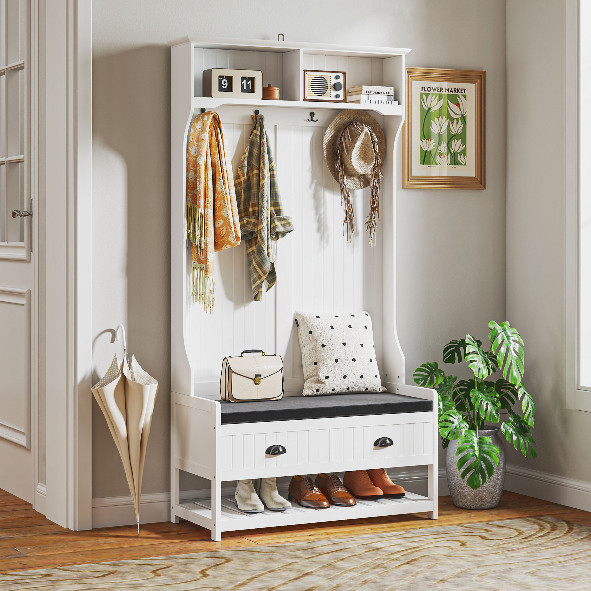 Garderobenständer mit Haken, Garderobe mit Schuhbank, für Eingangsbereich, Flur, Metall, MDF, Weiß+Grau