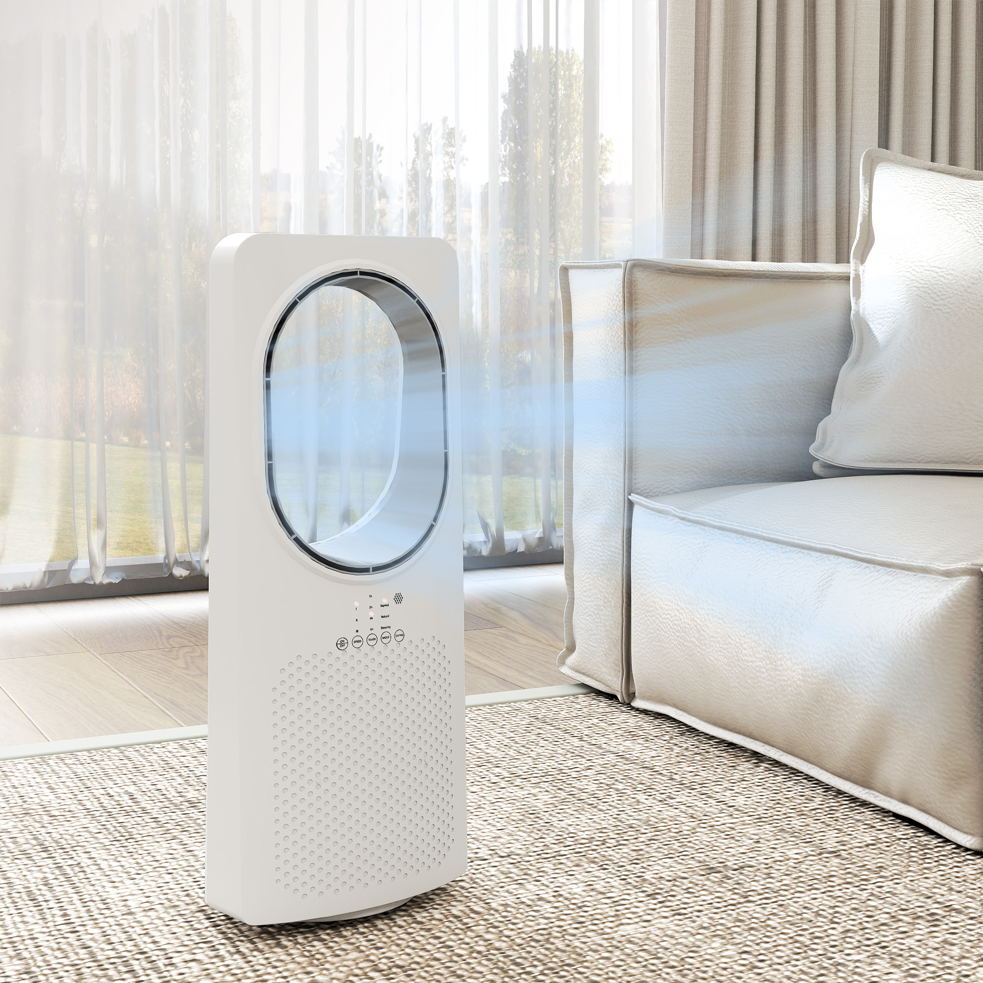 Bladeless Turmventilator für Schlafzimmer, 36 dB Standventilator mit 45° Oszillation, 3 Geschwindigkeiten, 3 Modi, 15-Stunden-Timer, Weiß