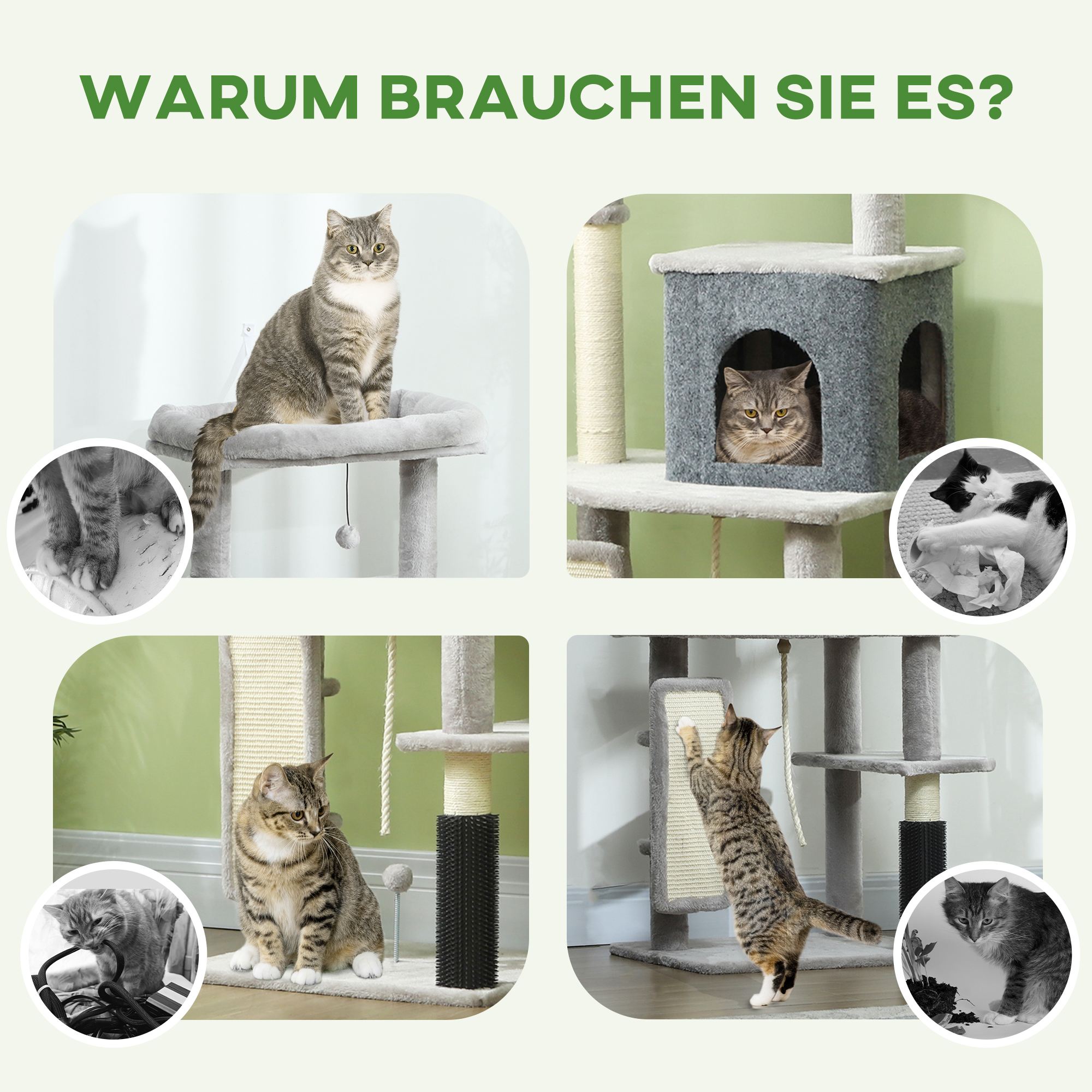 132 cm Katzenbaum mit Kratzpfosten, Bett, Haus, Sprungplattformen, Pflegebürste, Hellgrau