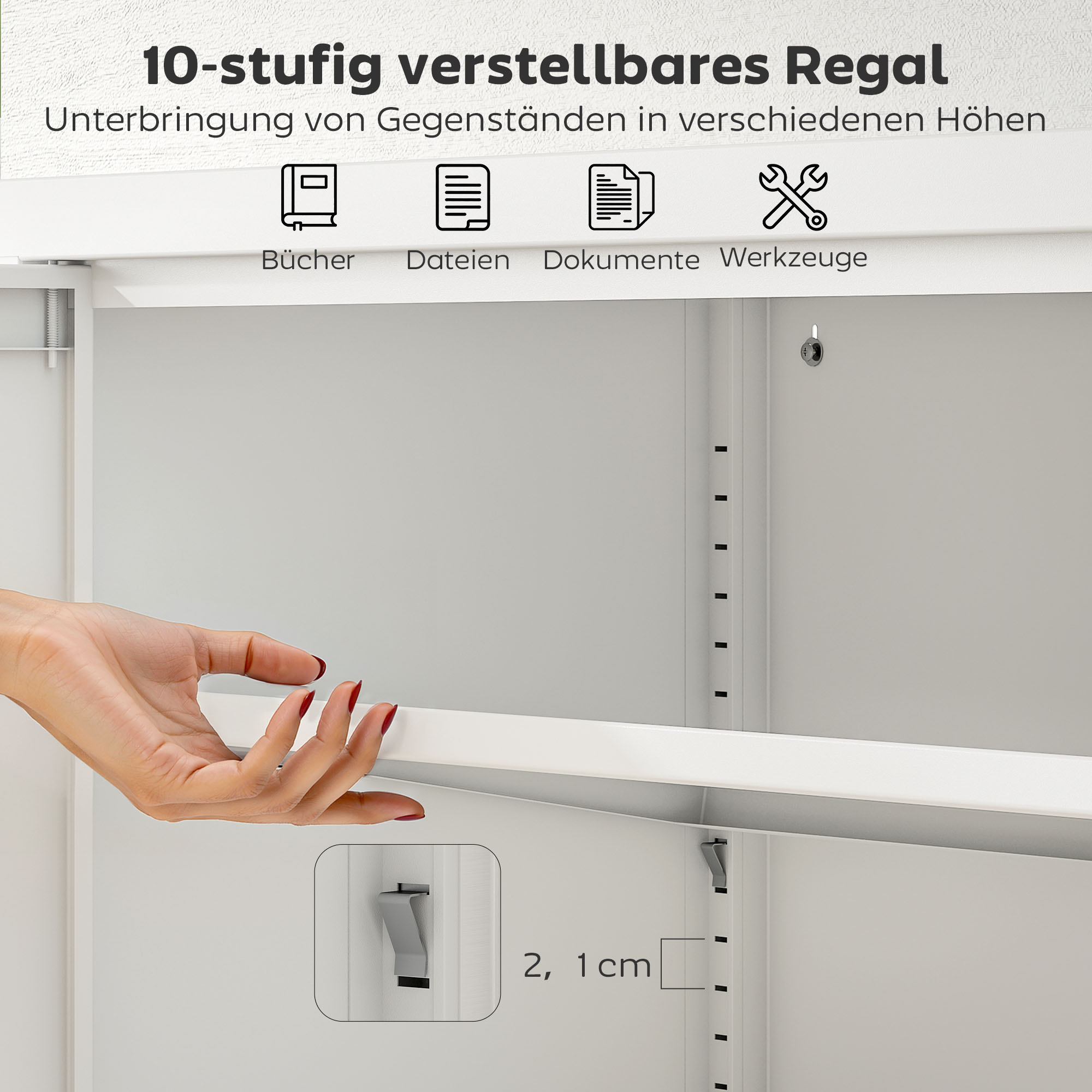 Aktenschrank Büroschrank Abschließbar Mehrzweckschrank aus Stahl mit 2 Türen, Verstellbaren Regalen Weiß