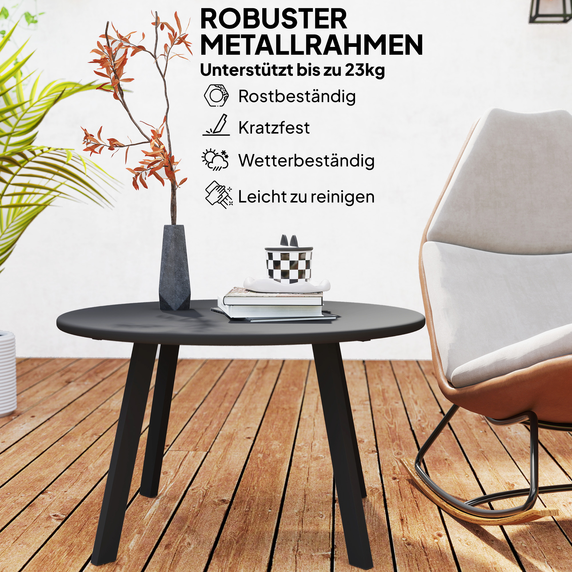 Beistelltisch Balkontisch aus Metall Rund Kaffeetisch wetterfest Gartentisch Ø70 x 42H cm Schwarz