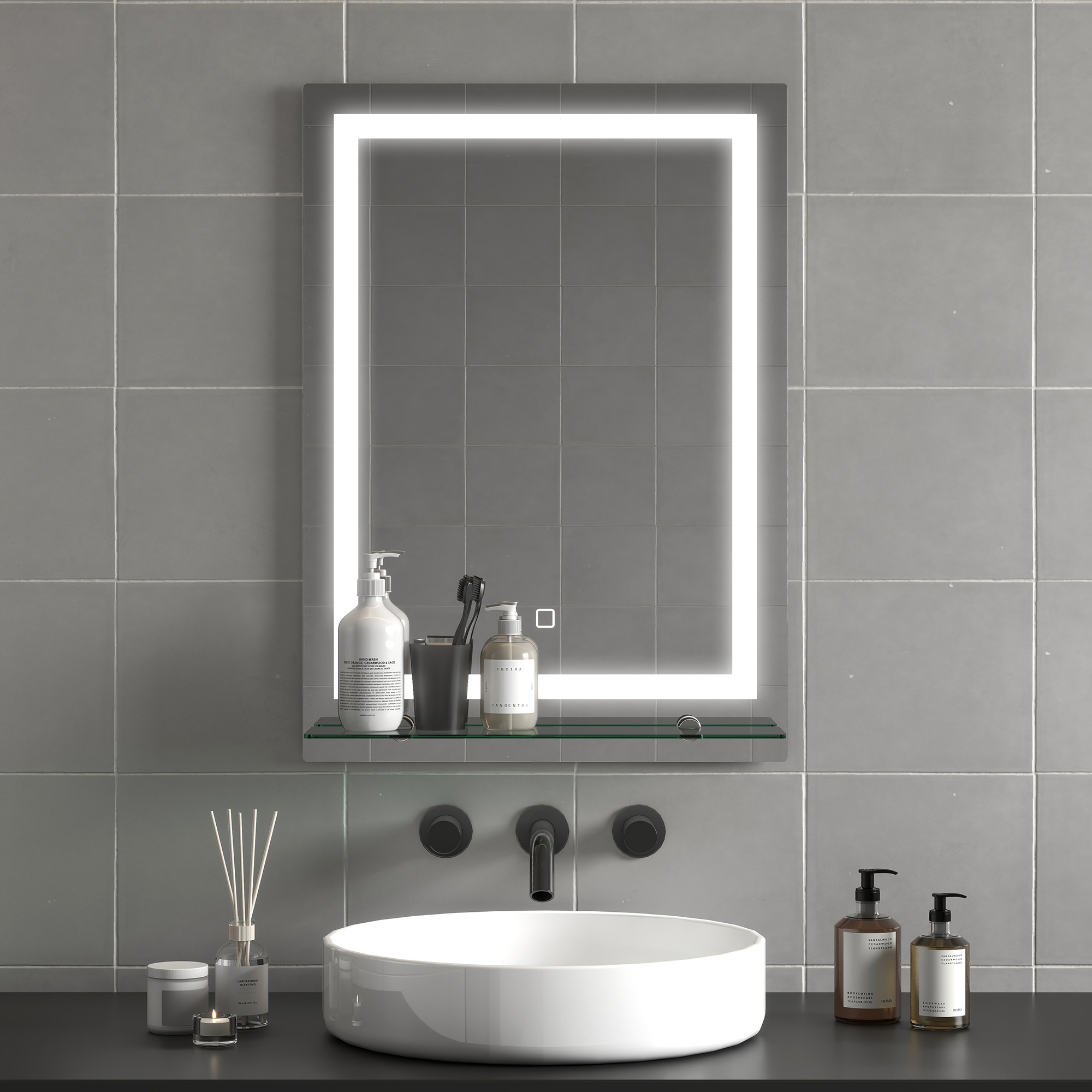 LED-Badspiegel, dimmbar, Anti-Beschlag, Touch-Schalter, Ablage, 50 x 70 cm, Silber