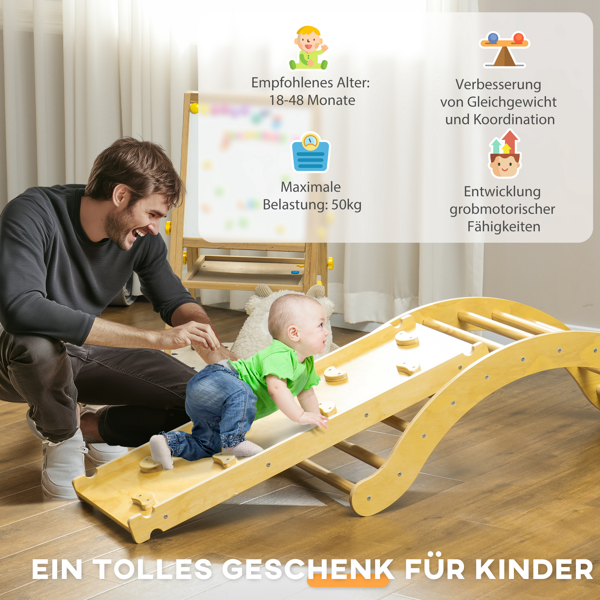 Kinder-Kletterset, 4-in-1-Design mit Bogenbrücke, Schaukelwippe, Kissen, Rutschrampe, für den Innenbereich, Holz