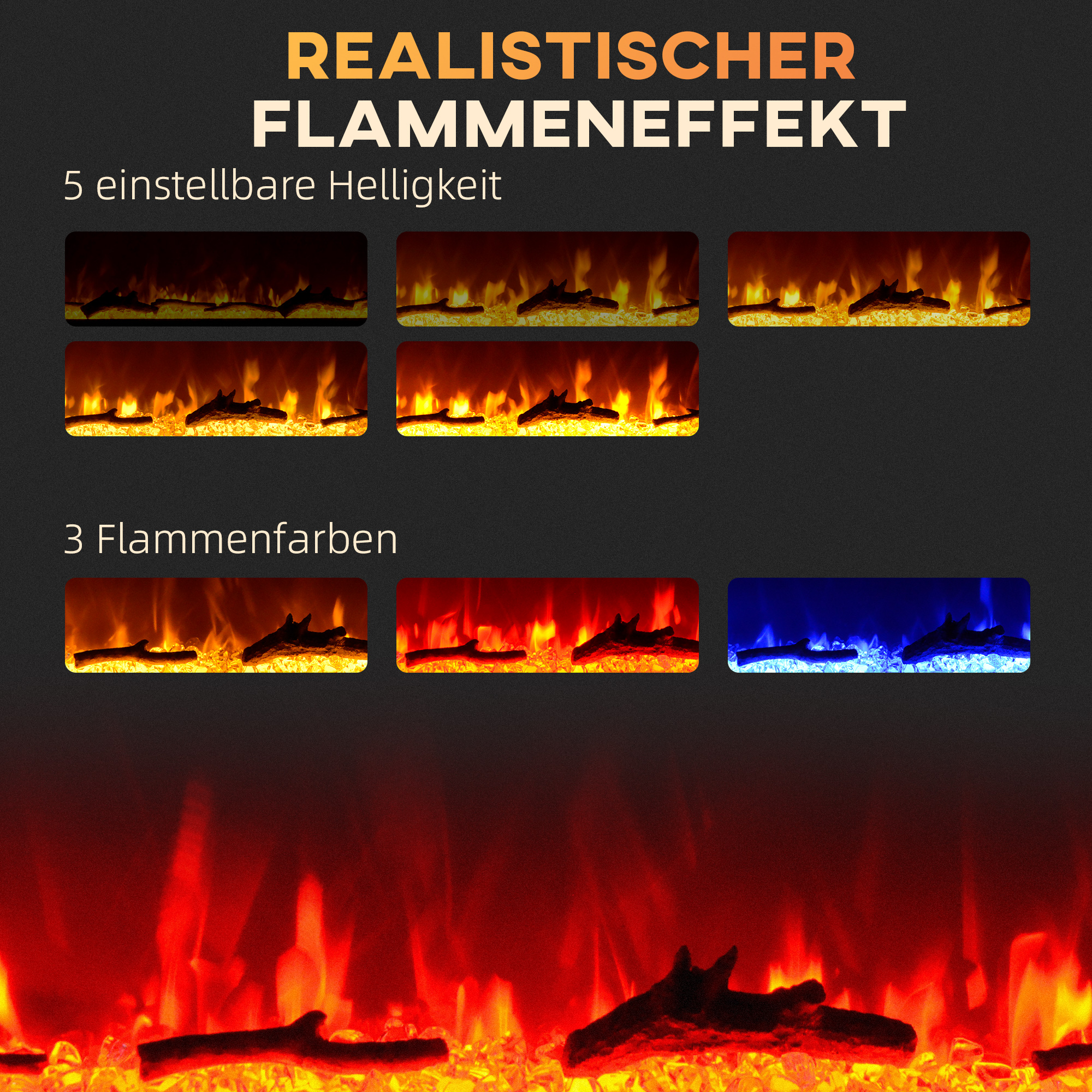 Elektrischer Kamin mit Wandhalterung und Fernbedienung, künstliche Holzscheite und Kristalle, 1800W Leistung, Schwarz