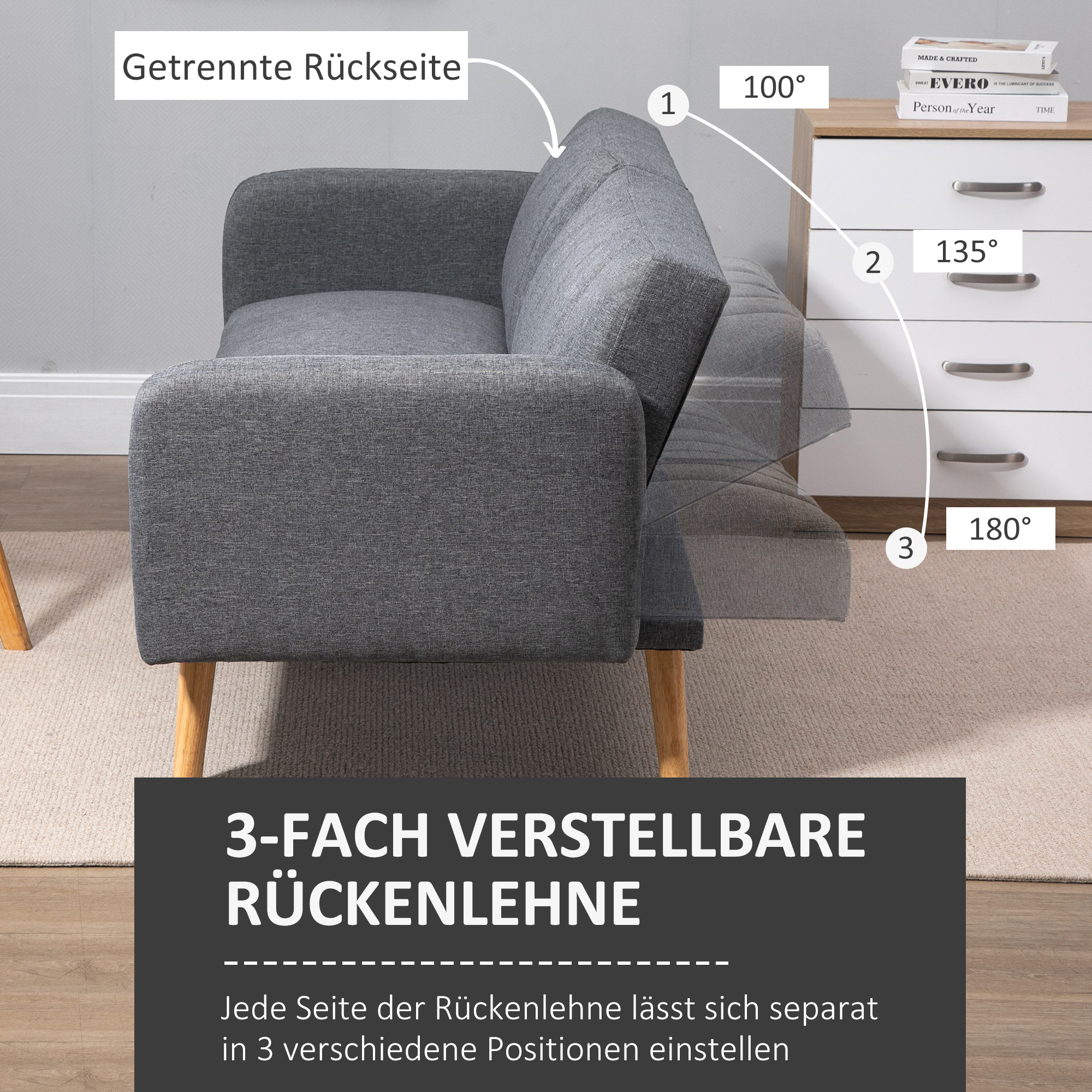 Schlafsofa, 2-Sitzer Stoffsofa, Sofa mit Schlaffunktion, leinenartiges Polyester, Kautschukholz, 173 x 75 x 73 cm, Grau