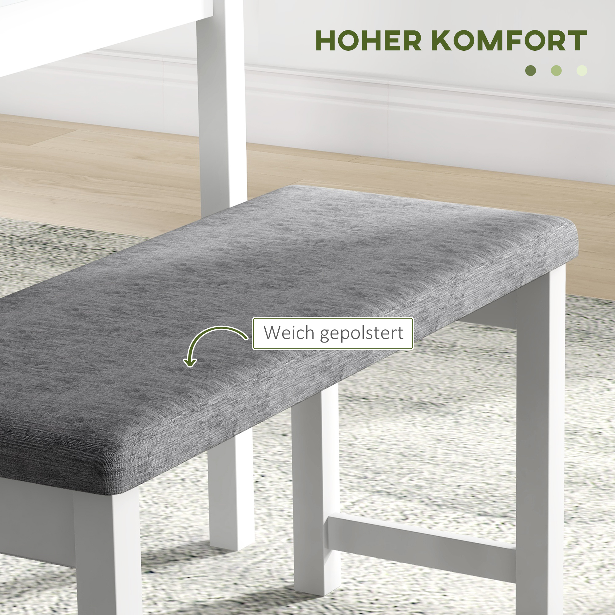 Sitzgruppe, 4-teiliges Esstisch-Set, 1 Tisch, 1 Bank, 2 Stühle, Grau + Weiß