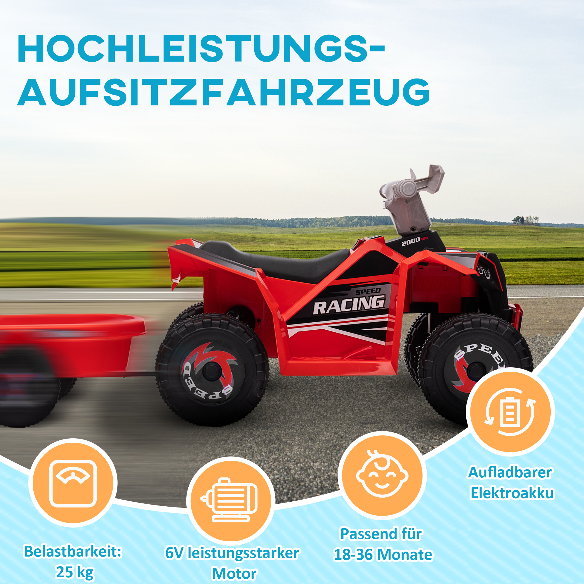 Elektro-Kinderquad mit Anhänger, 2,5 km/h, 50 Minuten Fahrtzeit, für 1,5 bis 3 Jahre, bis 25 kg, Rot