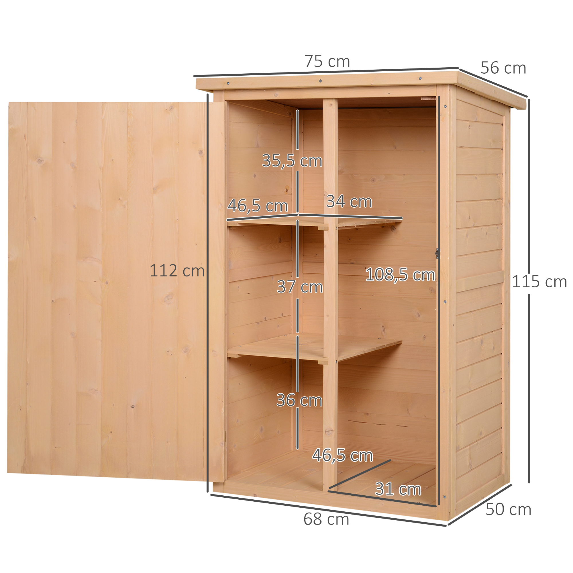 Geräteschuppen mit Regalböden wetterbeständig 75 x 56 x 115cm Naturholz