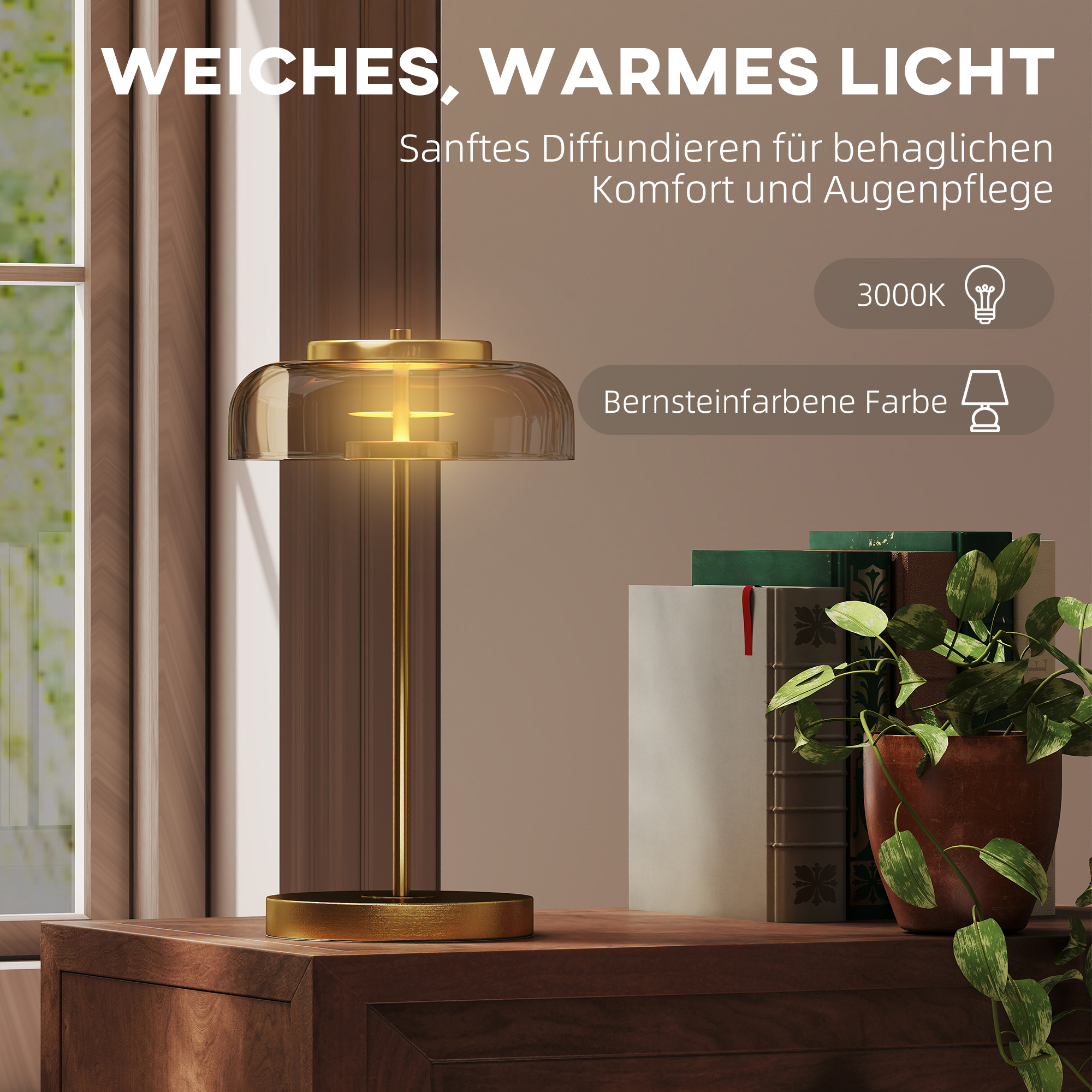 Tischlampe Tischleuchte mit warmem LED-Licht, Metallsockel, bernsteinfarbenem Glasschirm, Ø23 x 40H cm, Gold